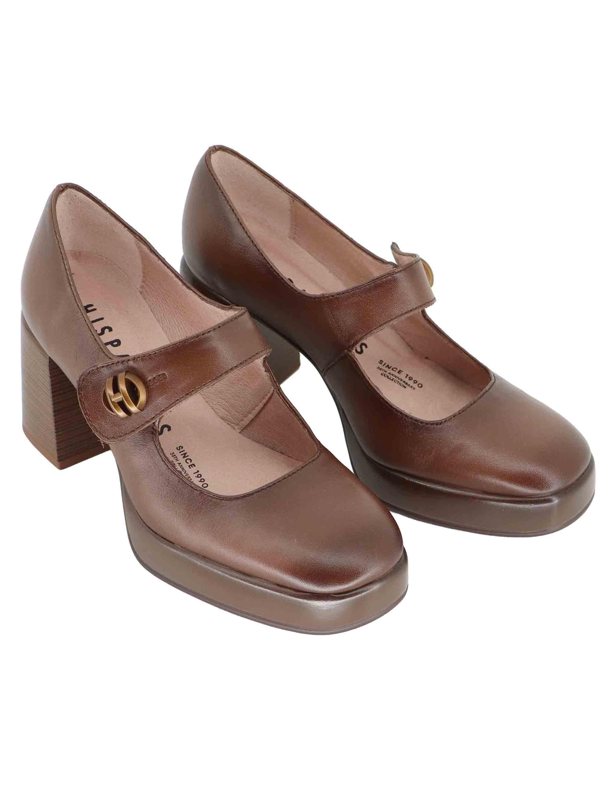 Decollete donna in pelle marrone con cinturino e tacco alto HI254305 C007 Hispanitas 