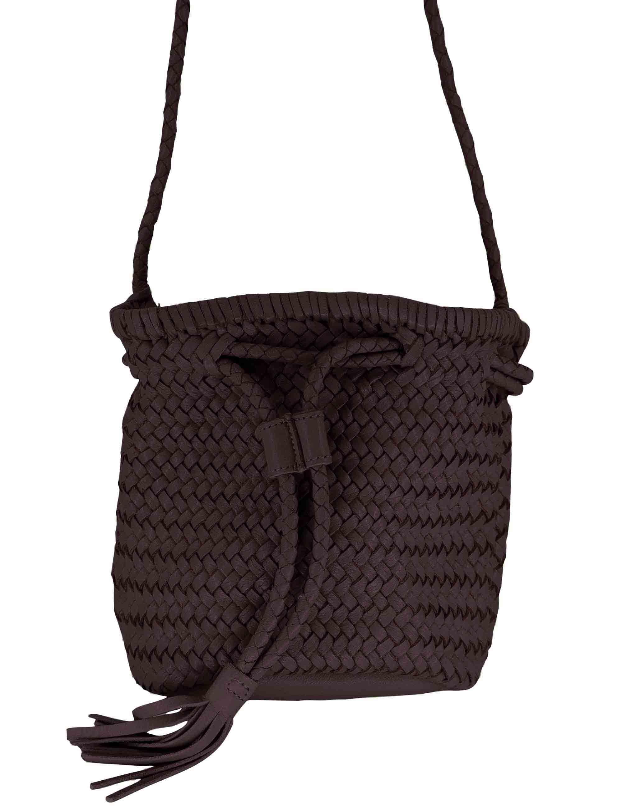 Borse donna a secchiello in pelle intrecciata marrone con tracolla e chiusura coulisse RBS1105 220 Rehard 