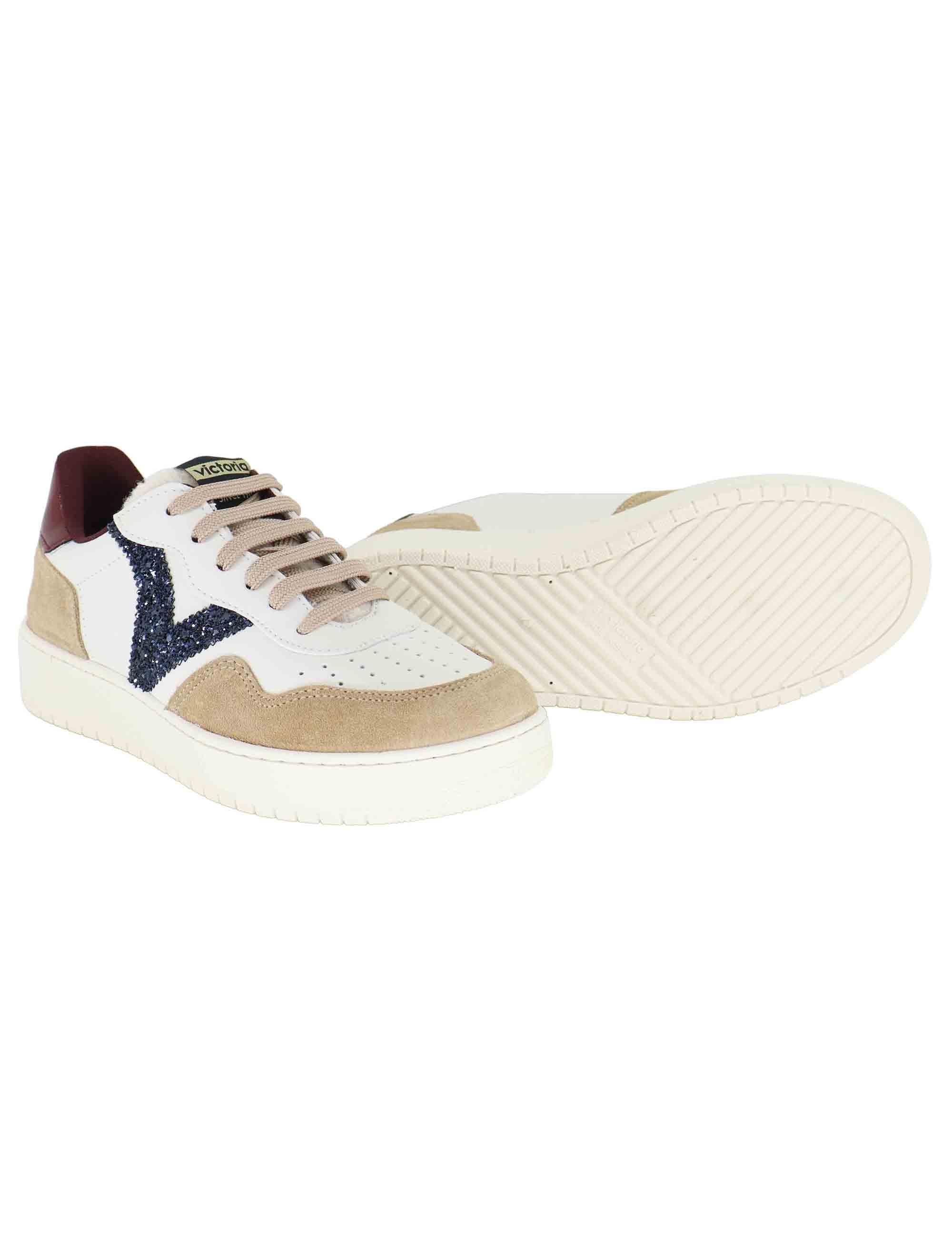 Sneakers donna in pelle bianca e camoscio con glitter 1258272 Beige Victoria 