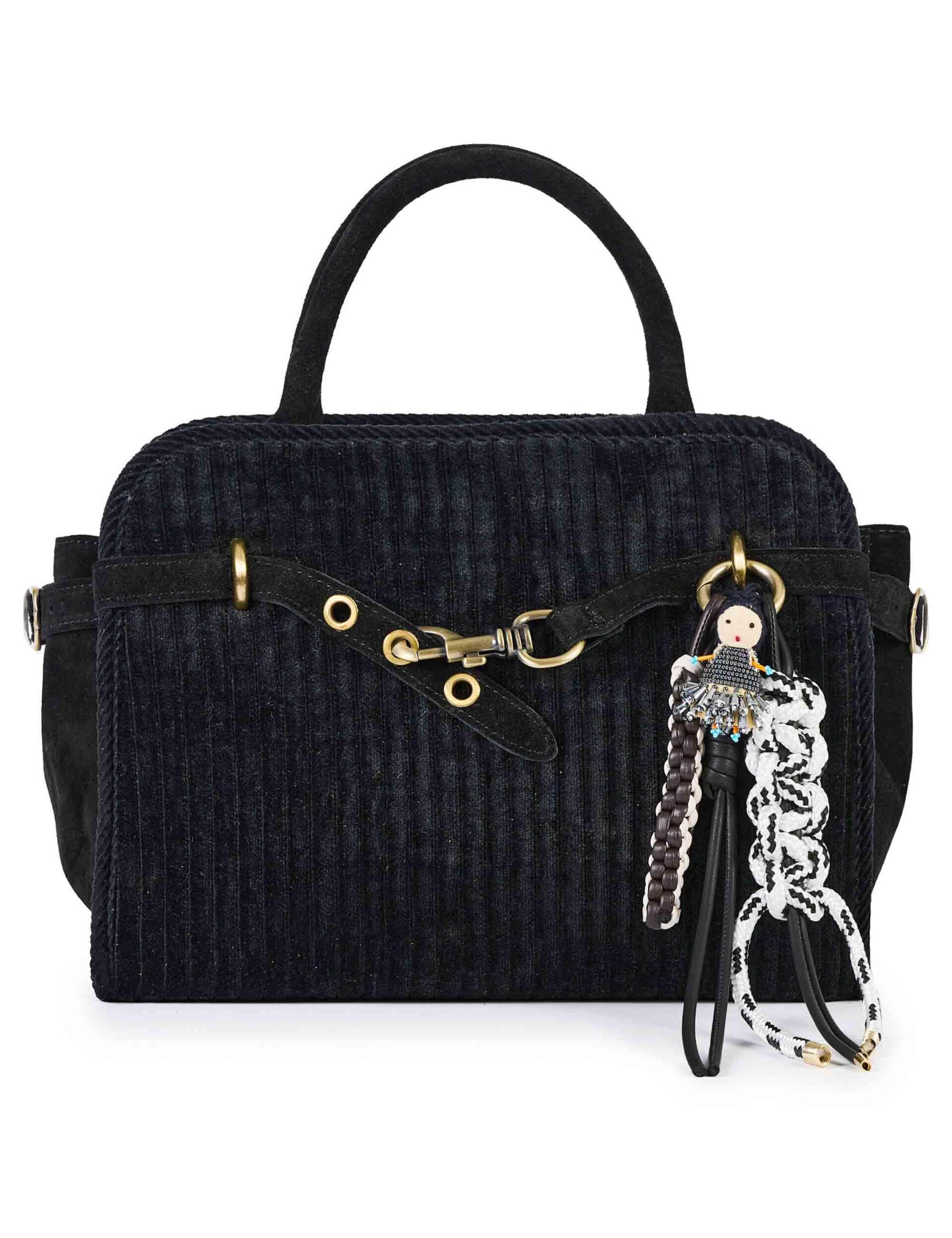 Borse donna in velluto nero con charms doppi manici e tracolla APRIL E07 Via Mail Bag 