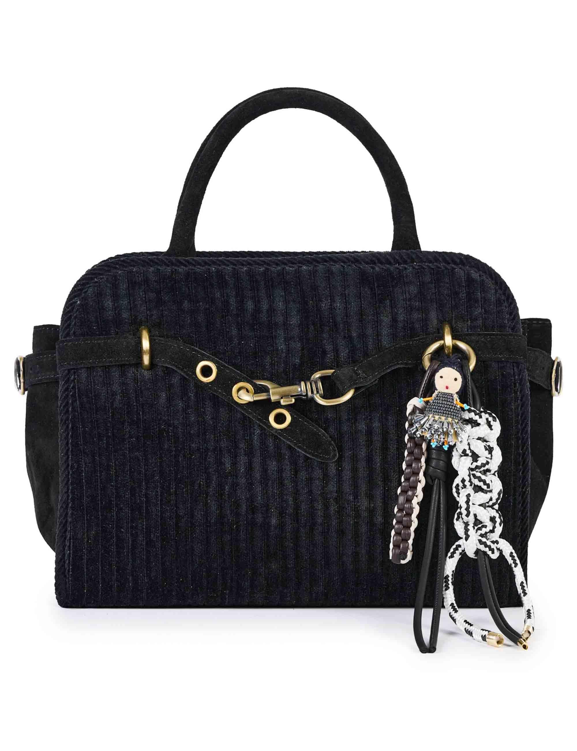 Borse donna in velluto nero con charms doppi manici e tracolla APRIL E07 Via Mail Bag 