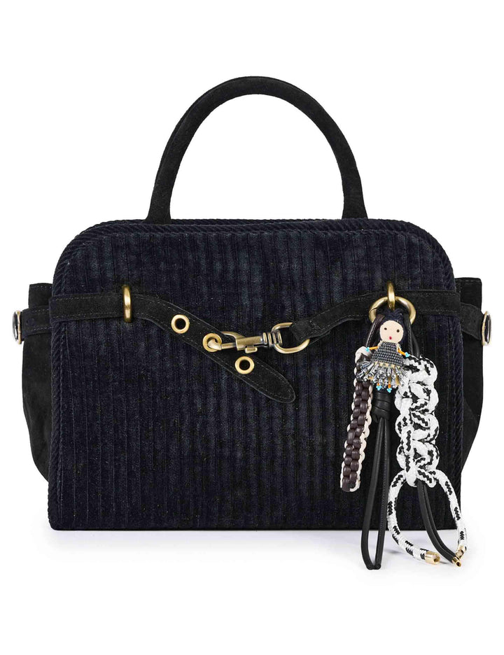 Borse donna in velluto nero con charms doppi manici e tracolla APRIL E07 Via Mail Bag 