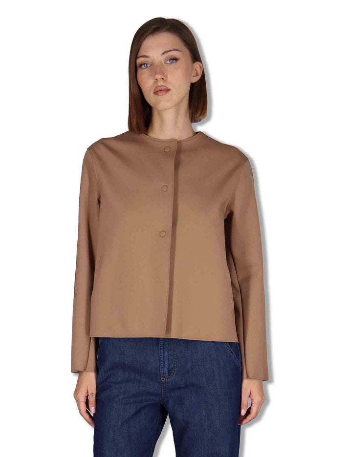 Giubbini donna in tessuto stretch marrone con bottoni a scomparsa 50260008 045 Ewooluzione 