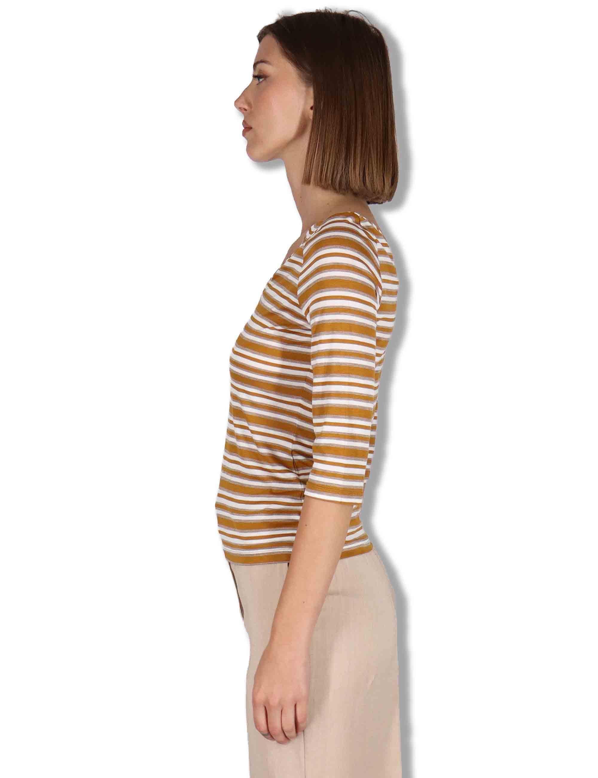 T-shirt donna Summer Stripes in misto seta marrone con maniche a 3/4 JK025270676 41B11 Maliparmi 