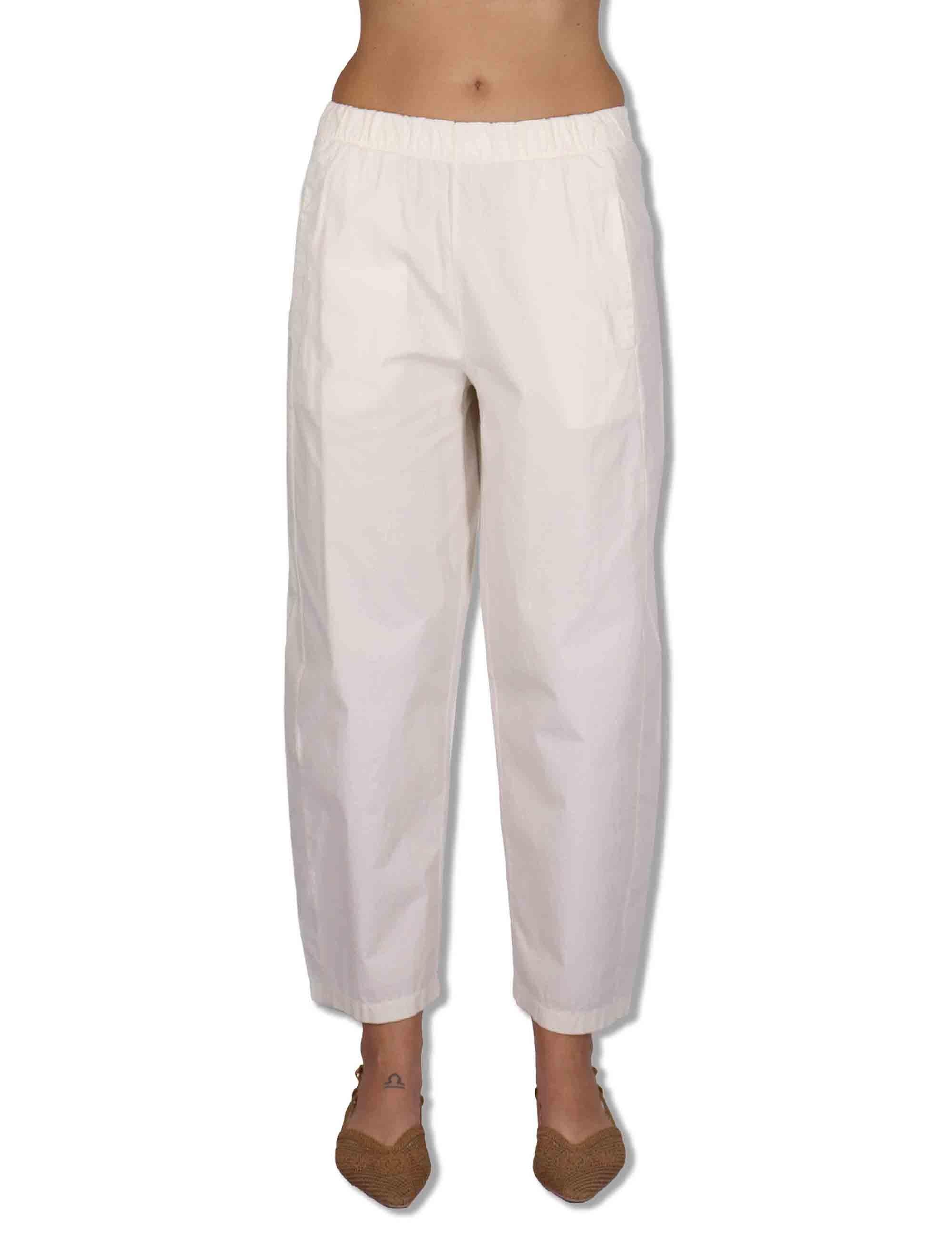 Pantaloni donna in cotone bianco con elastico in vita e gamba a palloncino PRUX OVO_BUTTER TreBarraBi 