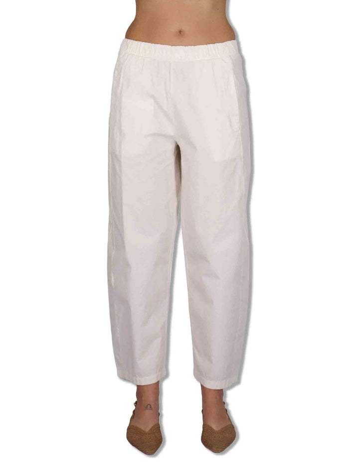 Pantaloni donna in cotone bianco con elastico in vita e gamba a palloncino PRUX OVO_BUTTER TreBarraBi 
