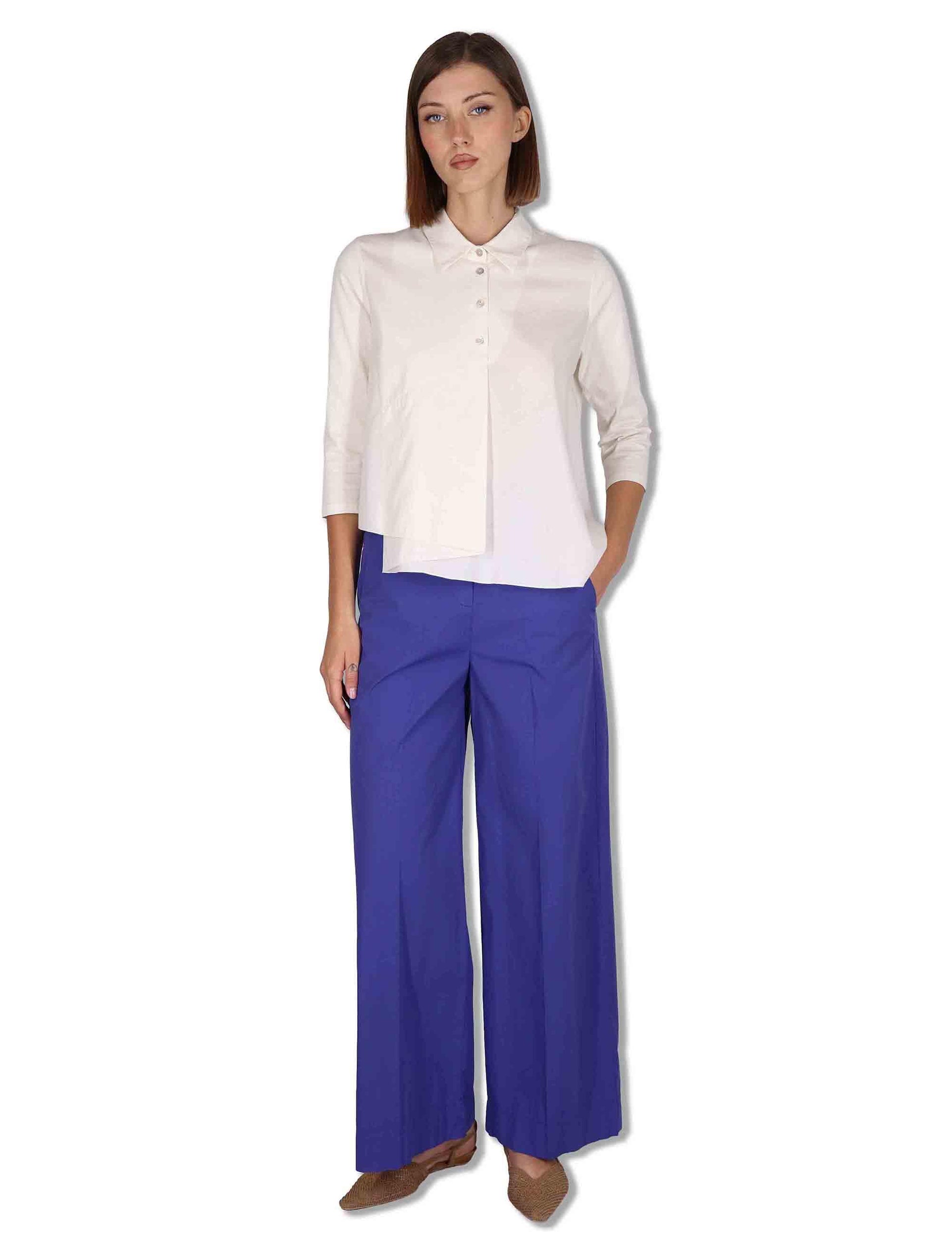 Pantaloni donna in cotone stretch blu a gamba larga PILEA OVO_IRIS TreBarraBi 
