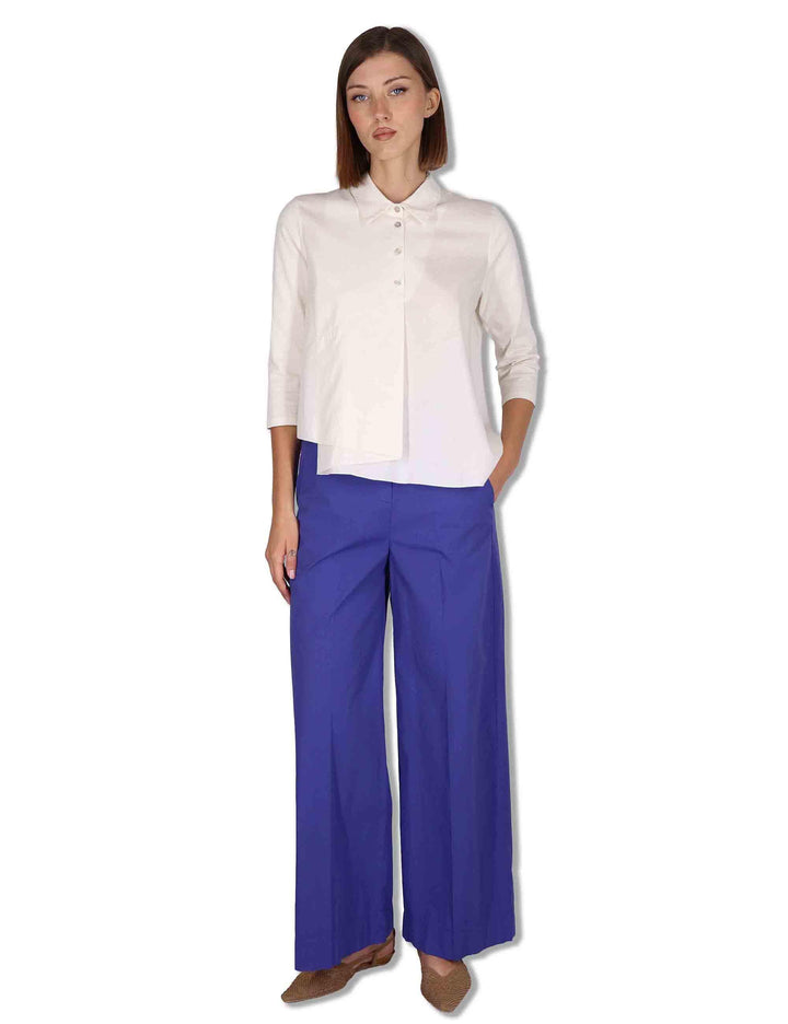Pantaloni donna in cotone stretch blu a gamba larga PILEA OVO_IRIS TreBarraBi 