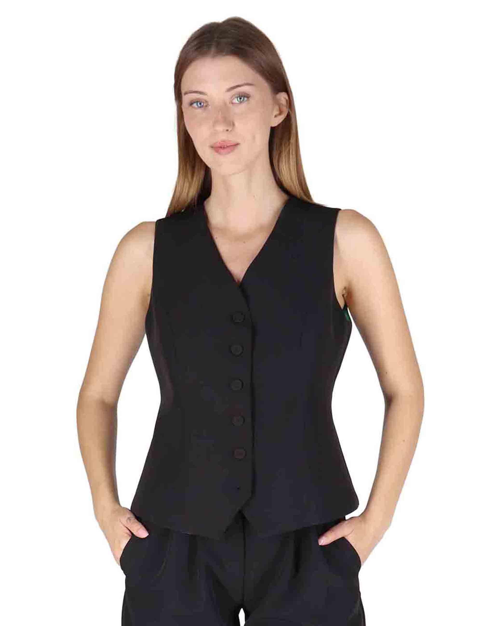 Gilet donna in tessuto nero con bottoni tono su tono e scollo a v OABGI0025-0519 9999 Justmine 