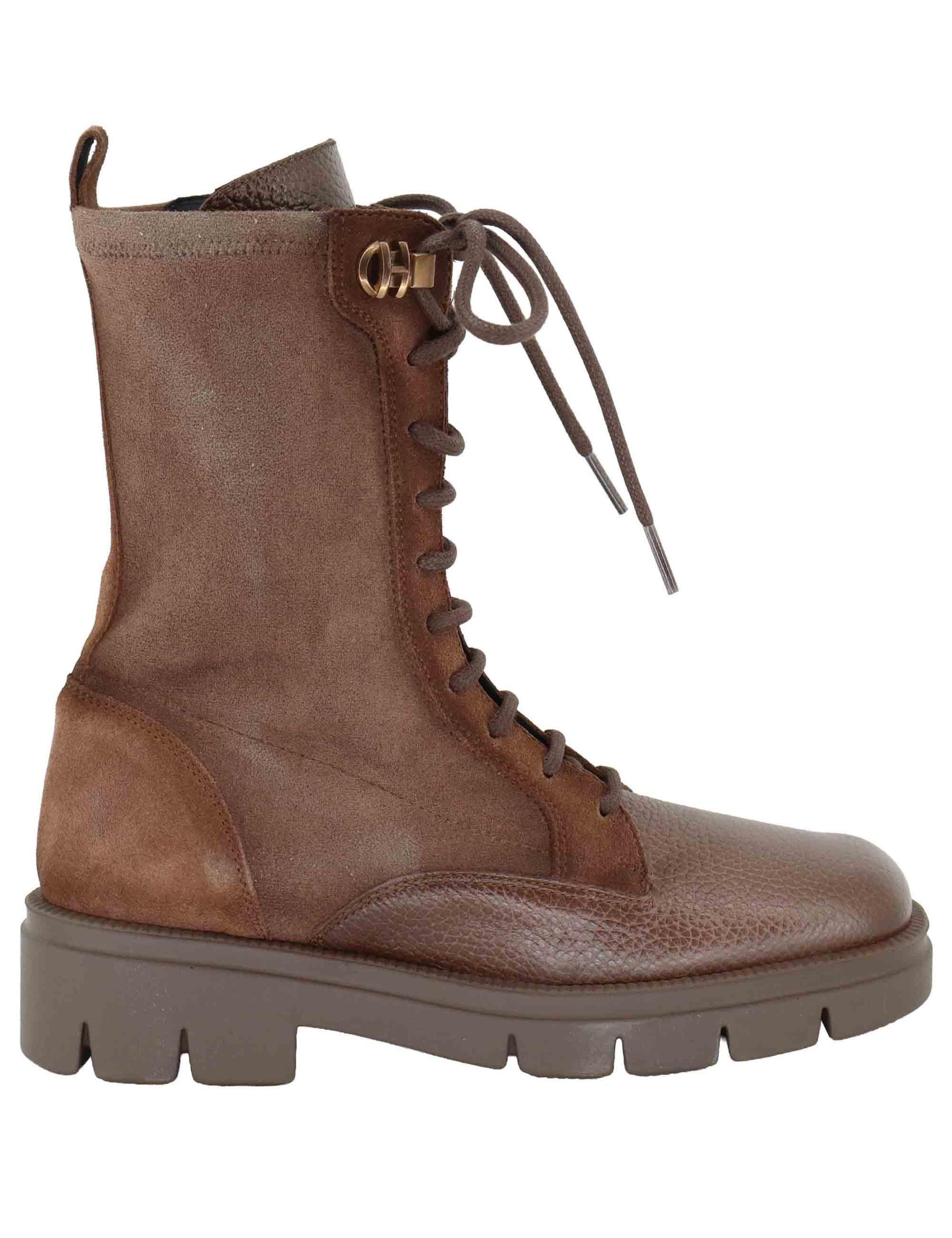 Stivaletti anfibi donna in pelle e tessuto marrone con suola carrarmato HI254234 C004 Hispanitas 