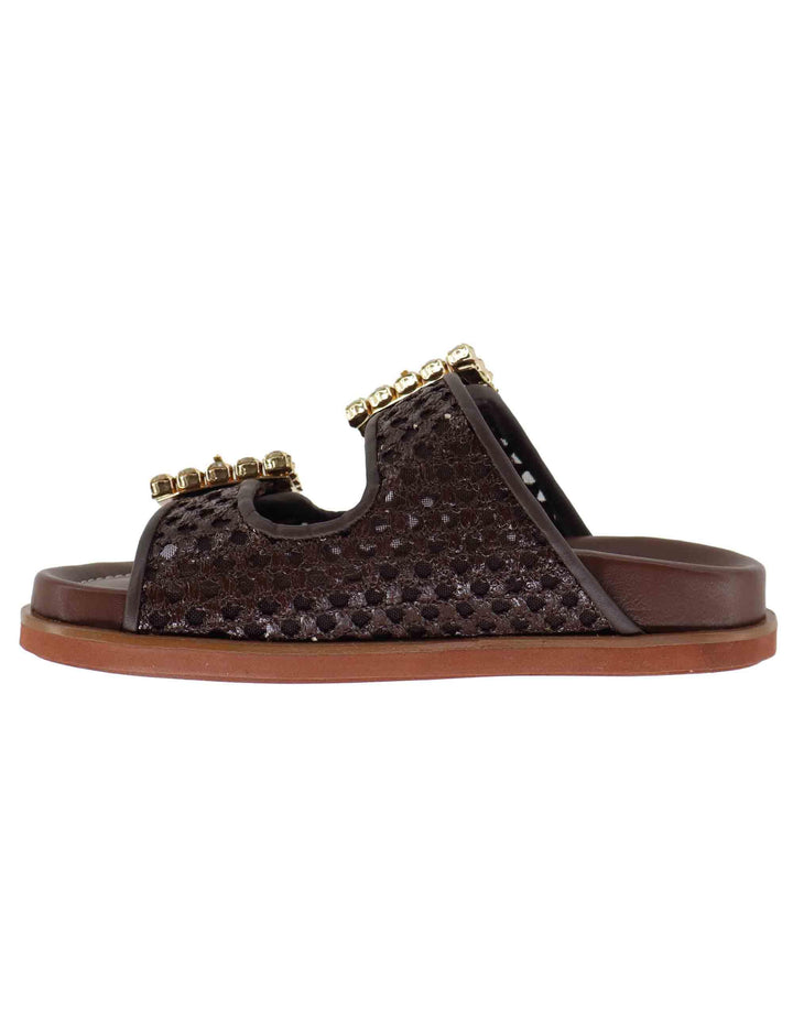 Sandali flat donna in pelle marrone con doppia fibbia PRIMULA06 014 Lorenzo Mari 