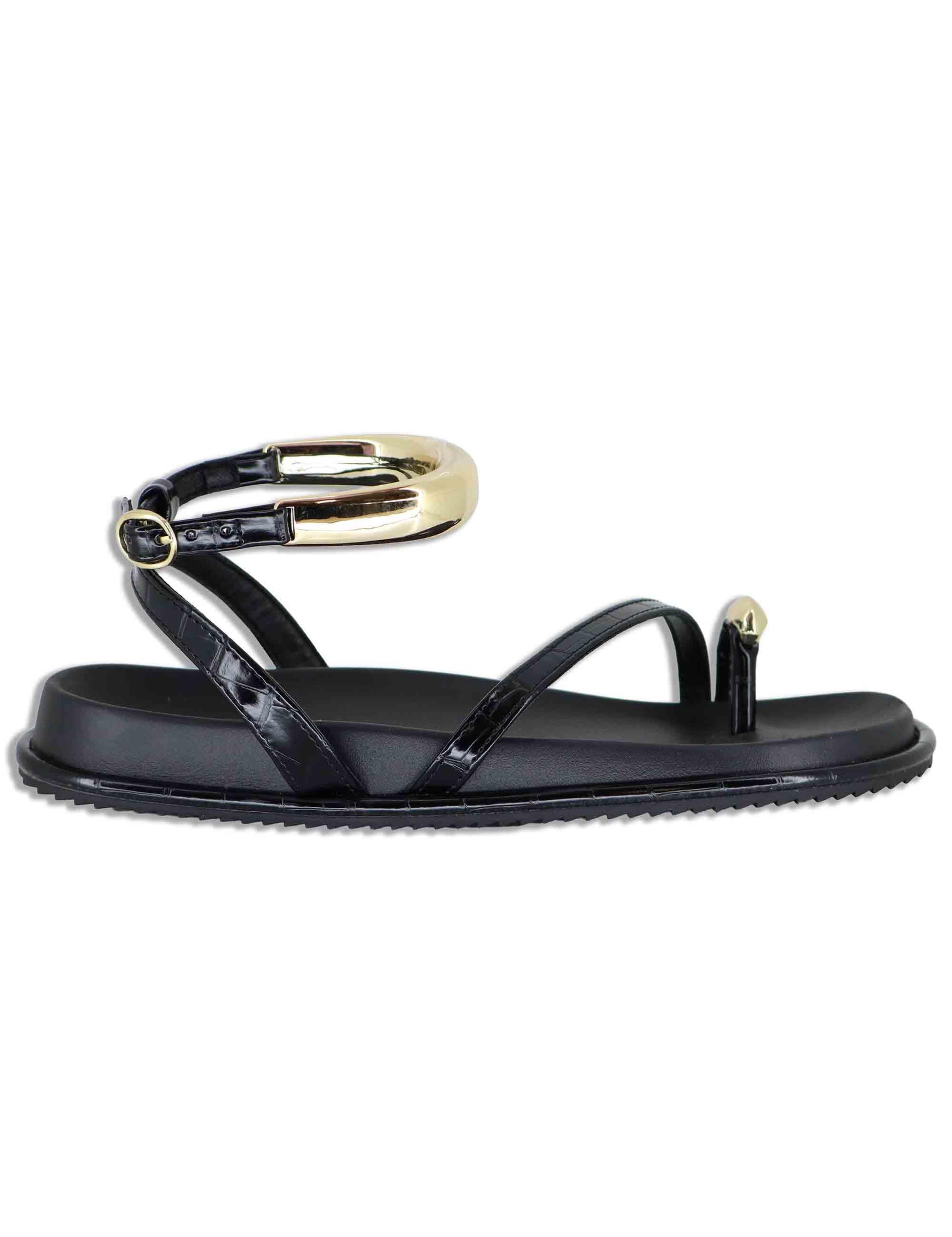 Sandali donna infradito basso in eco pelle nera con anello e bracciale W427A324 1024 Exe 