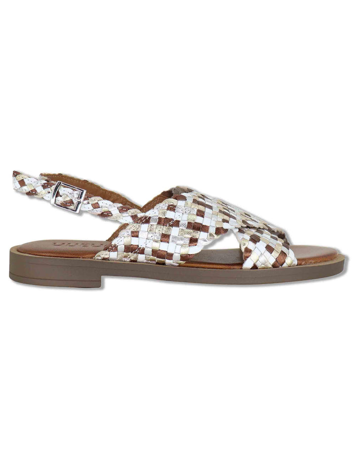 Sandali donna slingback flat in pelle intrecciata bianca e laminato a doppia fascia WD425R32 500138 Vueva 