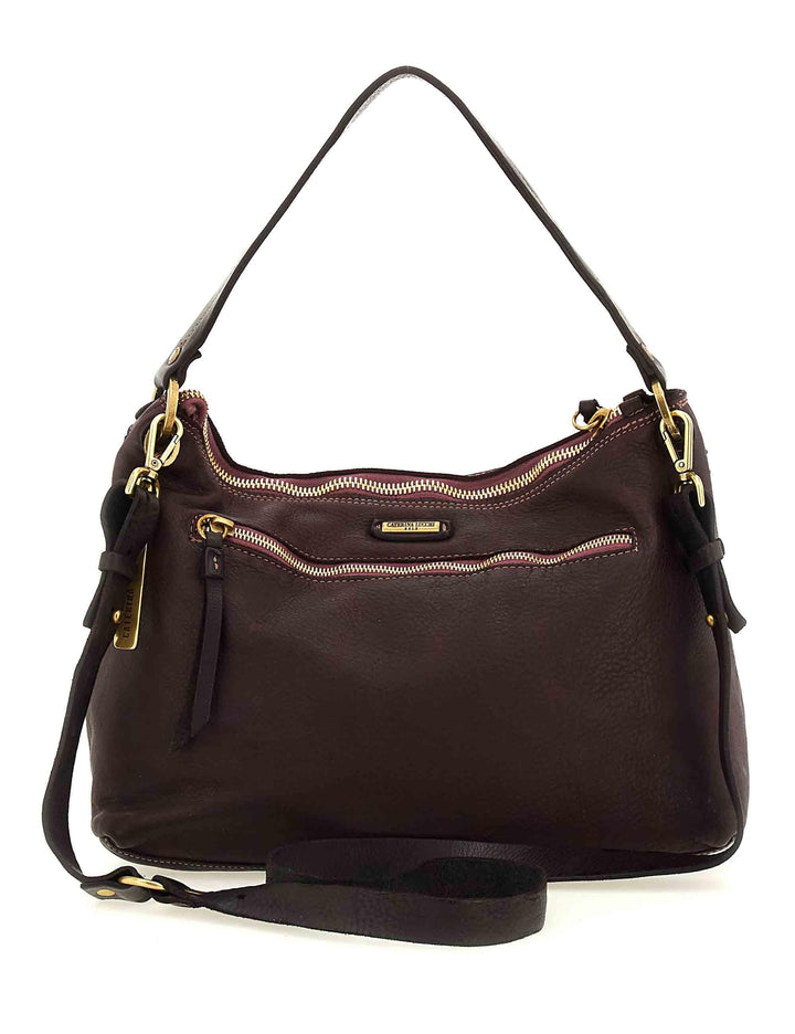 Borsa donna a spalla grande Asia in pelle e camoscio multi riga prugna L012850ND X2917 C3507 Caterina Lucchi 