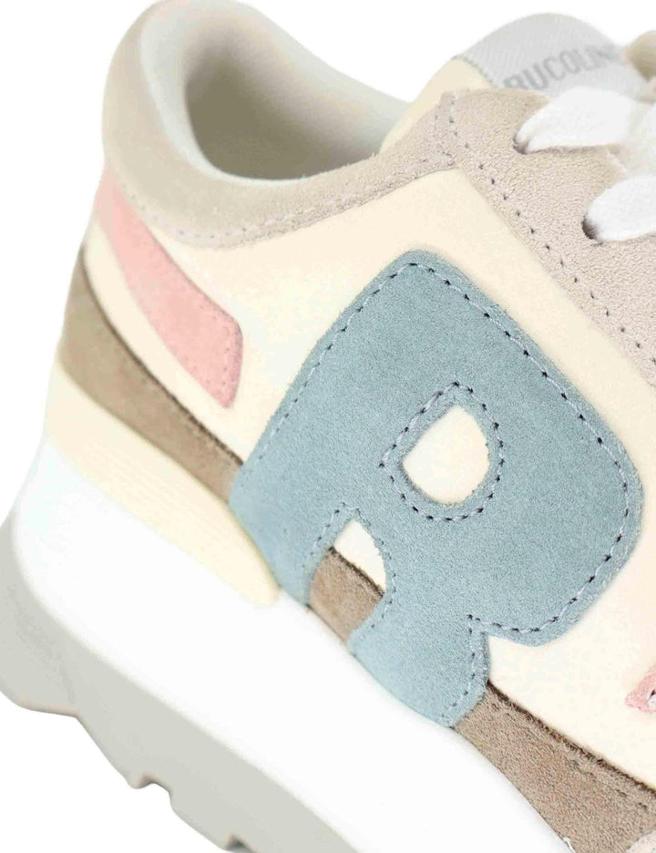 Sneakers donna in pelle e tessuto beige con zeppa alta in gomma 0304-84567 3 Ruco Line 