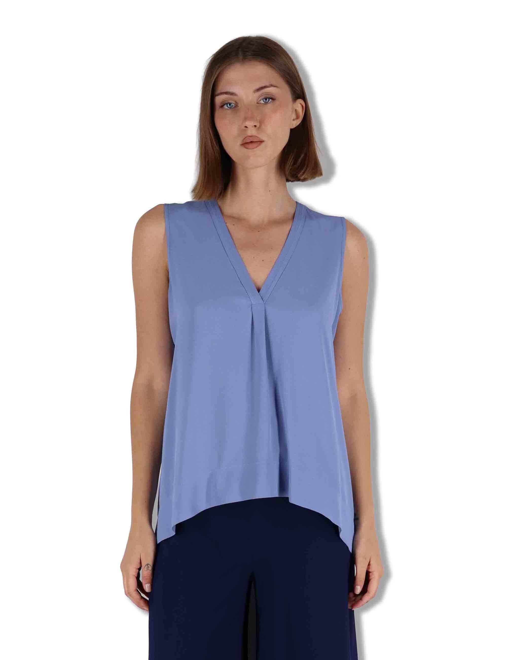Top donna Fluid Crepe in seta azzurra senza maniche maniche scollo a V JP554050672 81001 Maliparmi 