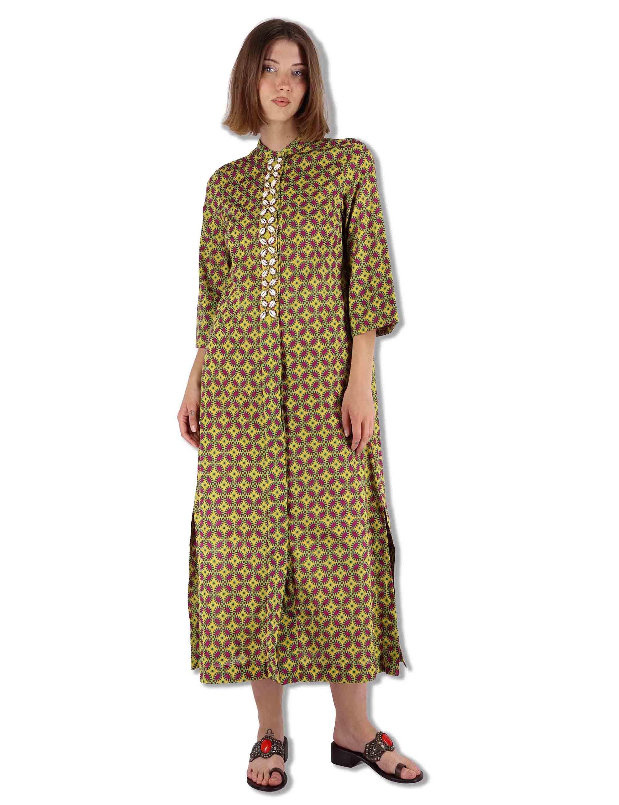 Abiti lunghi donna Floral Spin in cotone verde fantasia e maniche lunghe JF669915215 B7003 Maliparmi 