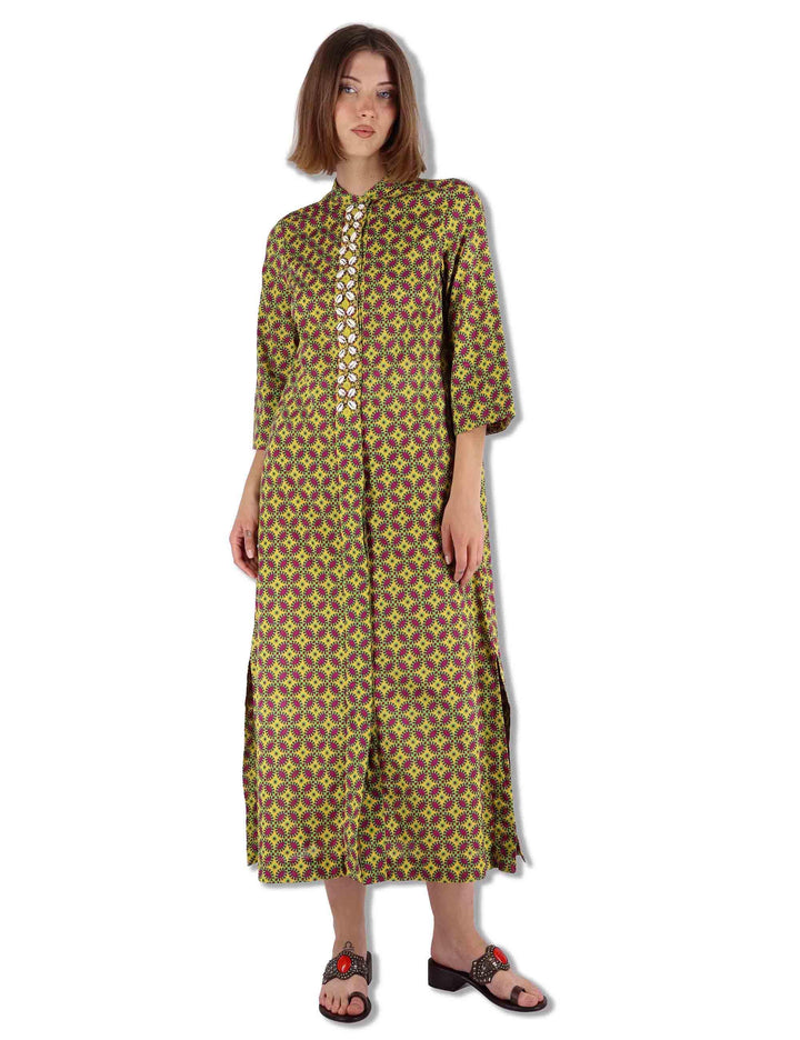 Abiti lunghi donna Floral Spin in cotone verde fantasia e maniche lunghe JF669915215 B7003 Maliparmi 