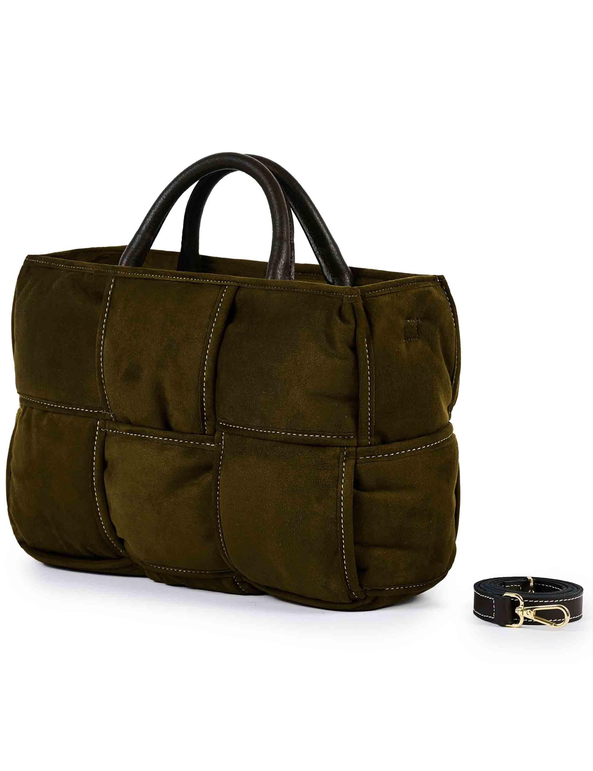 Borse donna in camoscio verde intrecciato con doppi manici e tracolla DEMI G03 Via Mail Bag 