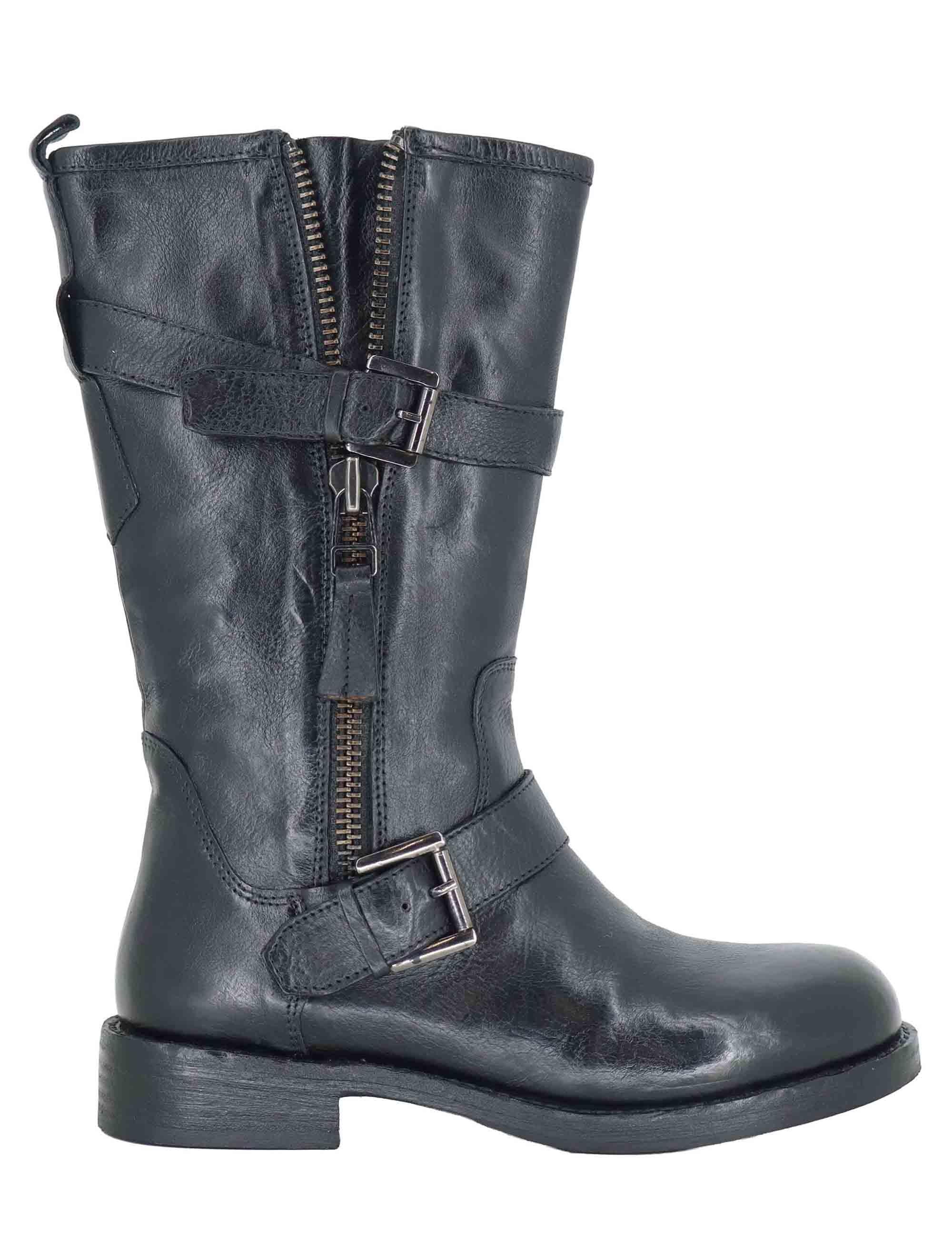 Stivaletti donna in pelle nera con tacco basso e cinturini 252-22-23 BLACK Zolfo 