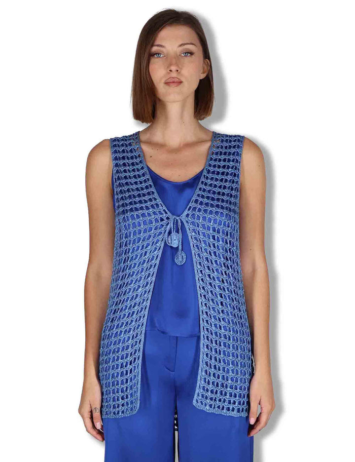 Gilet donna Metallic Lurex in cotone blu e argento con nappine JE113078213 96009 Maliparmi 