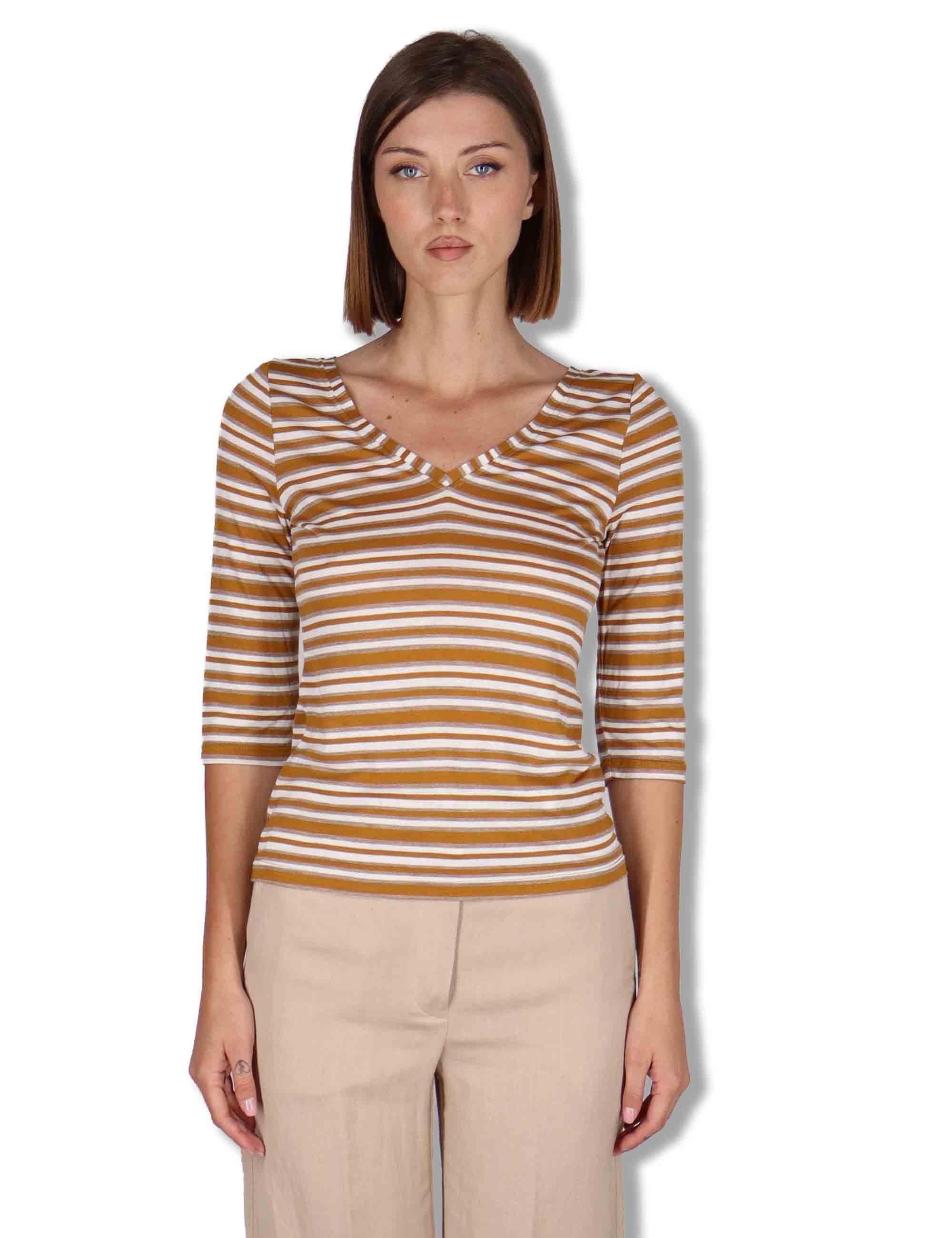 T-shirt donna Summer Stripes in misto seta marrone con maniche a 3/4 JK025270676 41B11 Maliparmi 