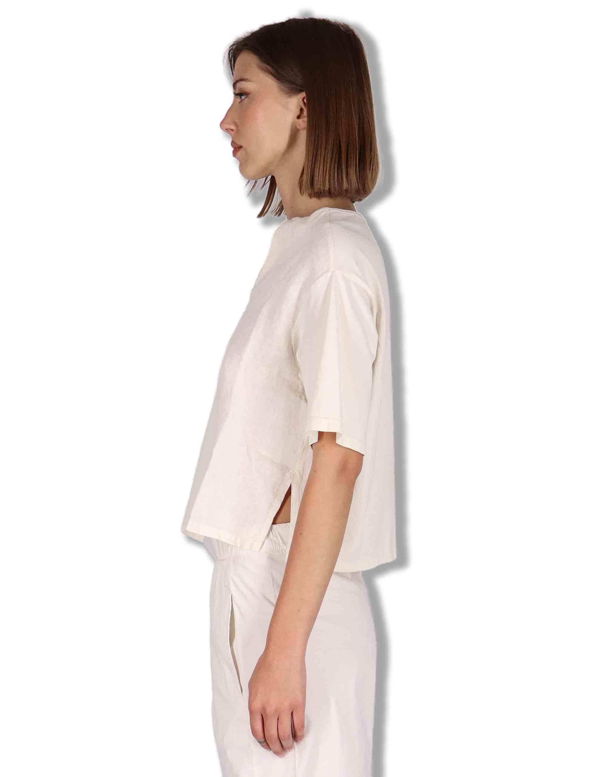 T-Shirt donna in cotone off white con scollo serafino e maniche 3/4 TORENIA JLIN_BUTTER TreBarraBi 