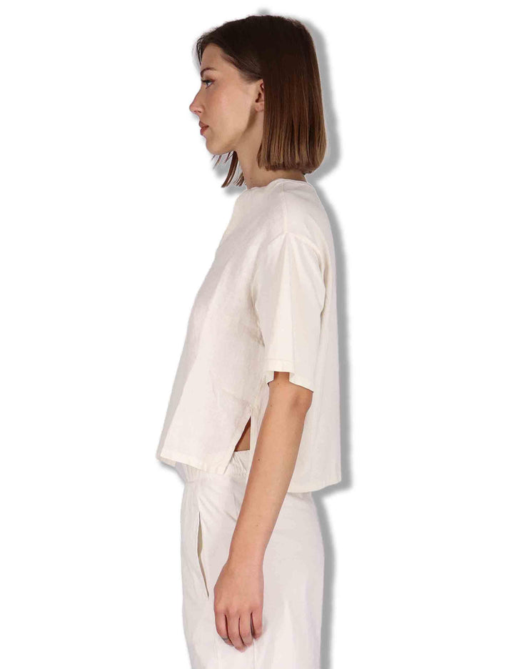 T-Shirt donna in cotone off white con scollo serafino e maniche 3/4 TORENIA JLIN_BUTTER TreBarraBi 