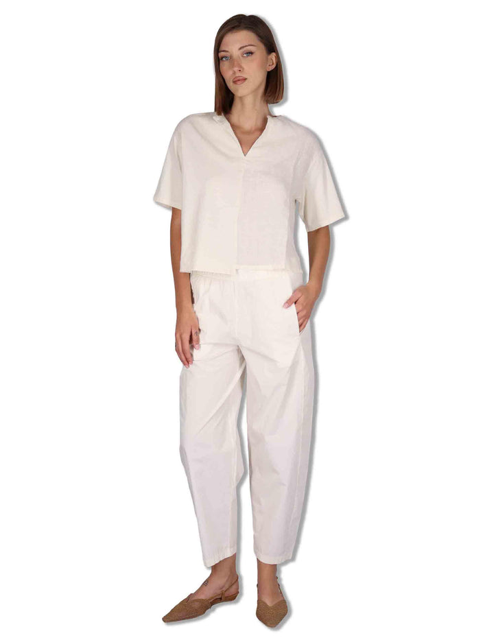 Pantaloni donna in cotone bianco con elastico in vita e gamba a palloncino PRUX OVO_BUTTER TreBarraBi 