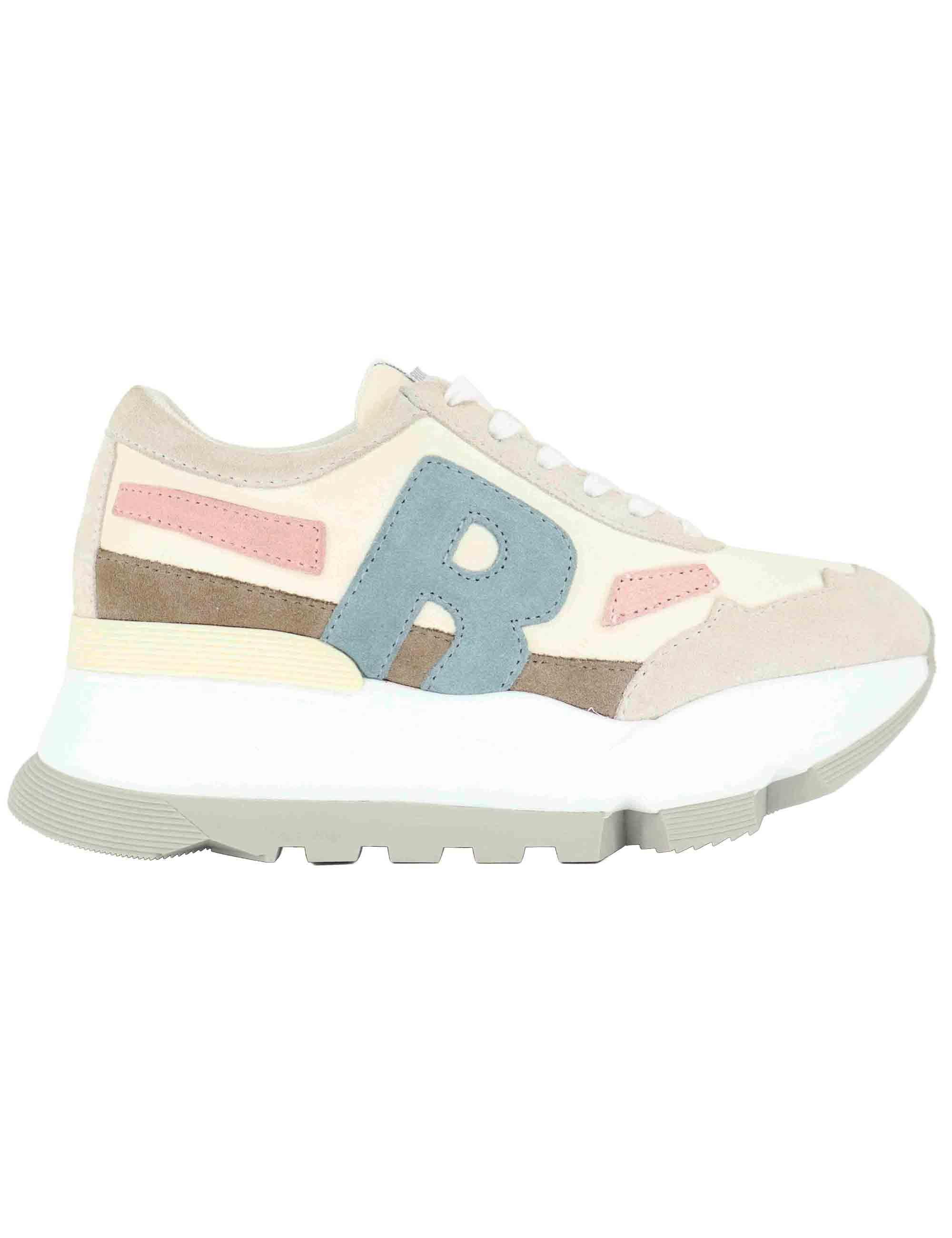 Sneakers donna in pelle e tessuto beige con zeppa alta in gomma 0304-84567 3 Ruco Line 
