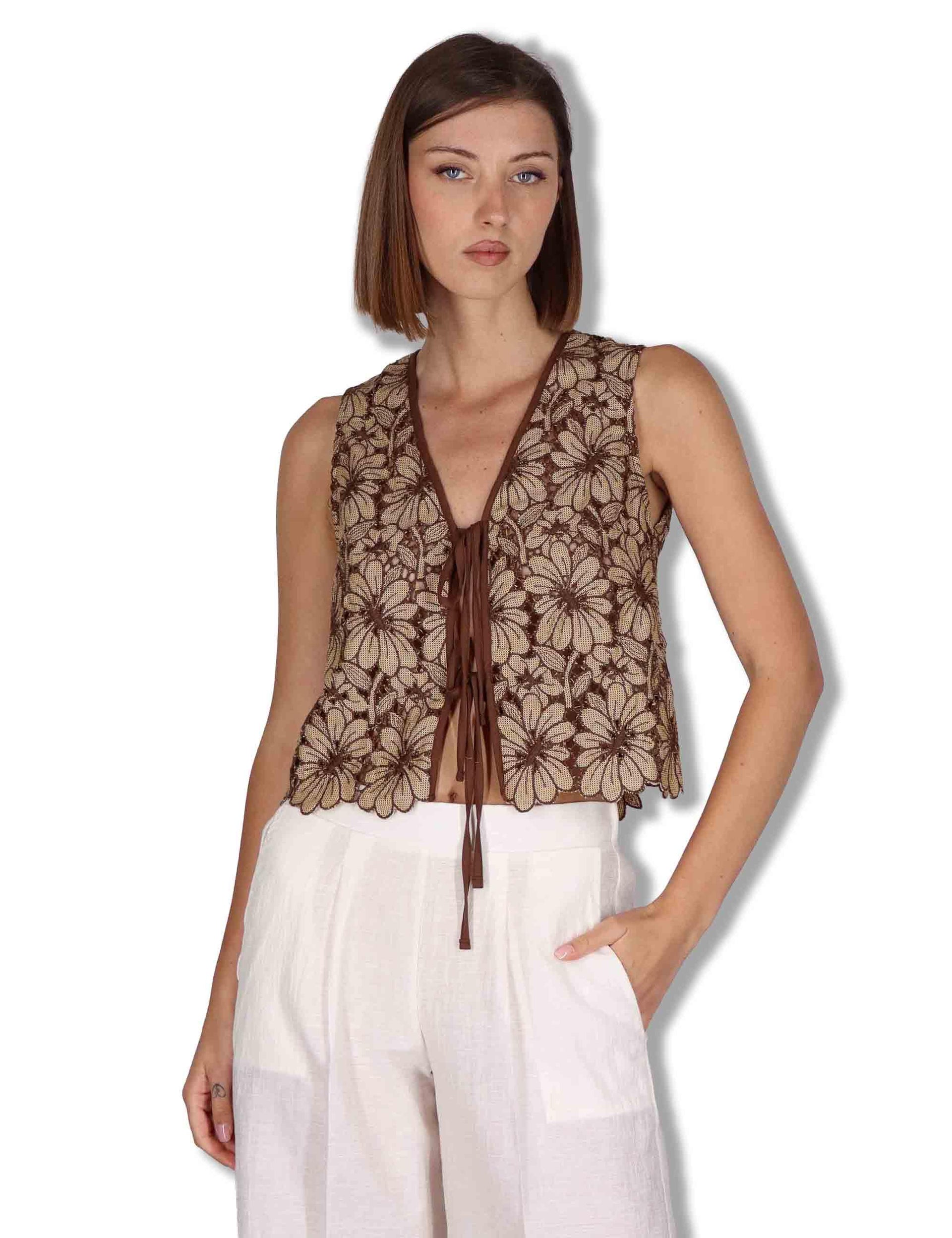 Gilet donna in macrame senape ricami floreali e nappine JABGI0001-F1504-1251 1226 Justmine 