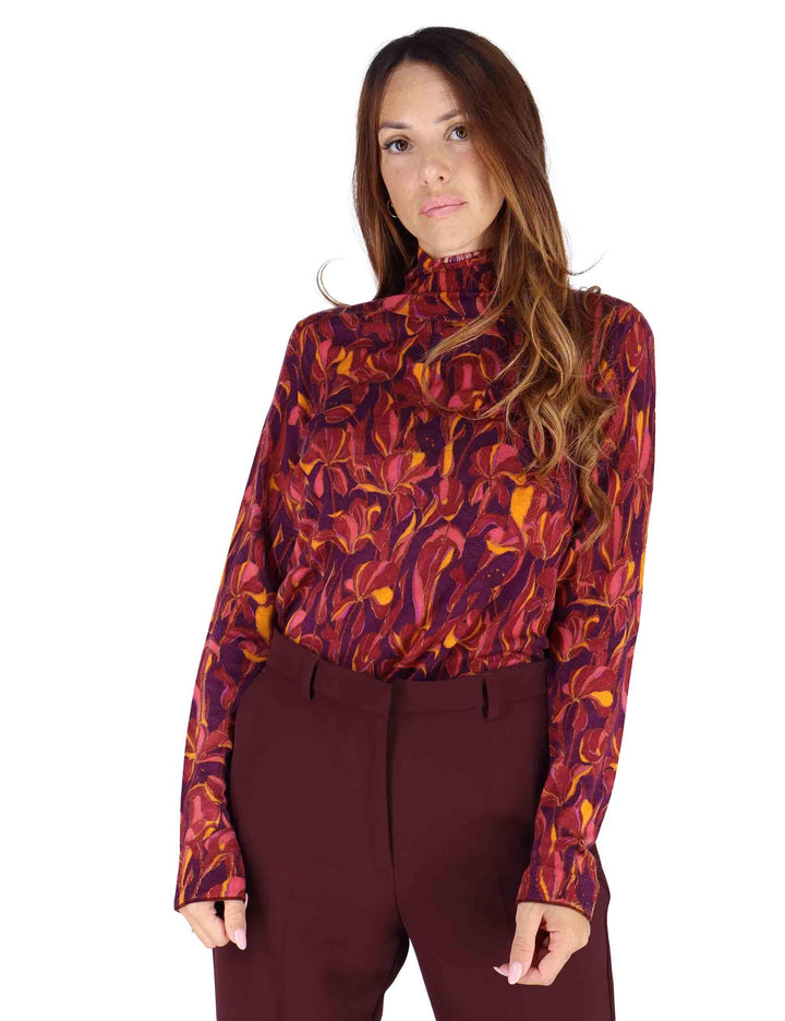 Maglioni donna Printed Knit in lana stampata bordeaux con collo alto JQ510478200 A3359 Maliparmi 