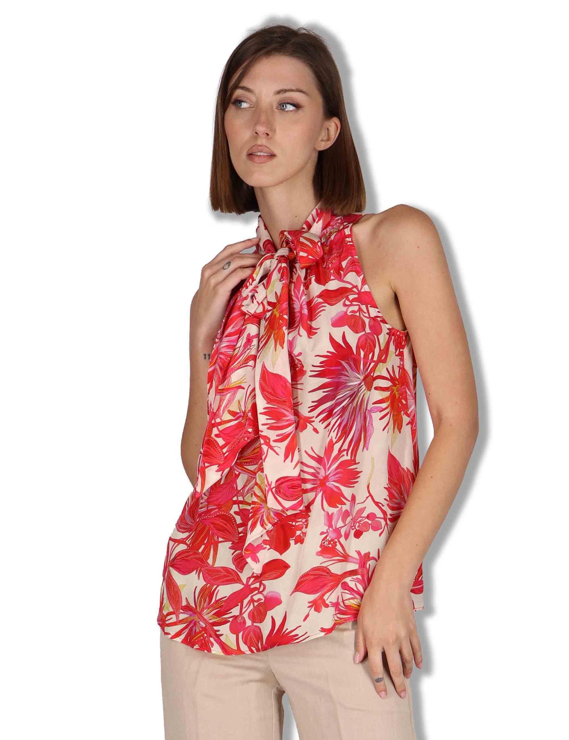Top donna Botanic Jungle in viscosa rossa floreale con fusciacca JP555850663 B3039 Maliparmi 