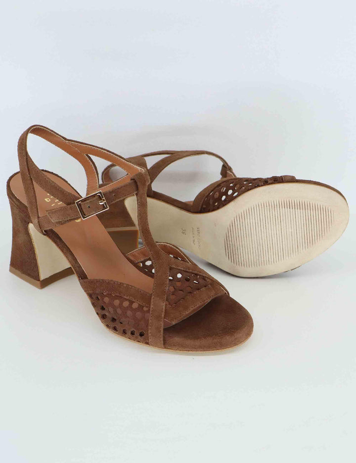 Sandali donna in camoscio marrone forato tacco alto 1028 014 Tattoo 