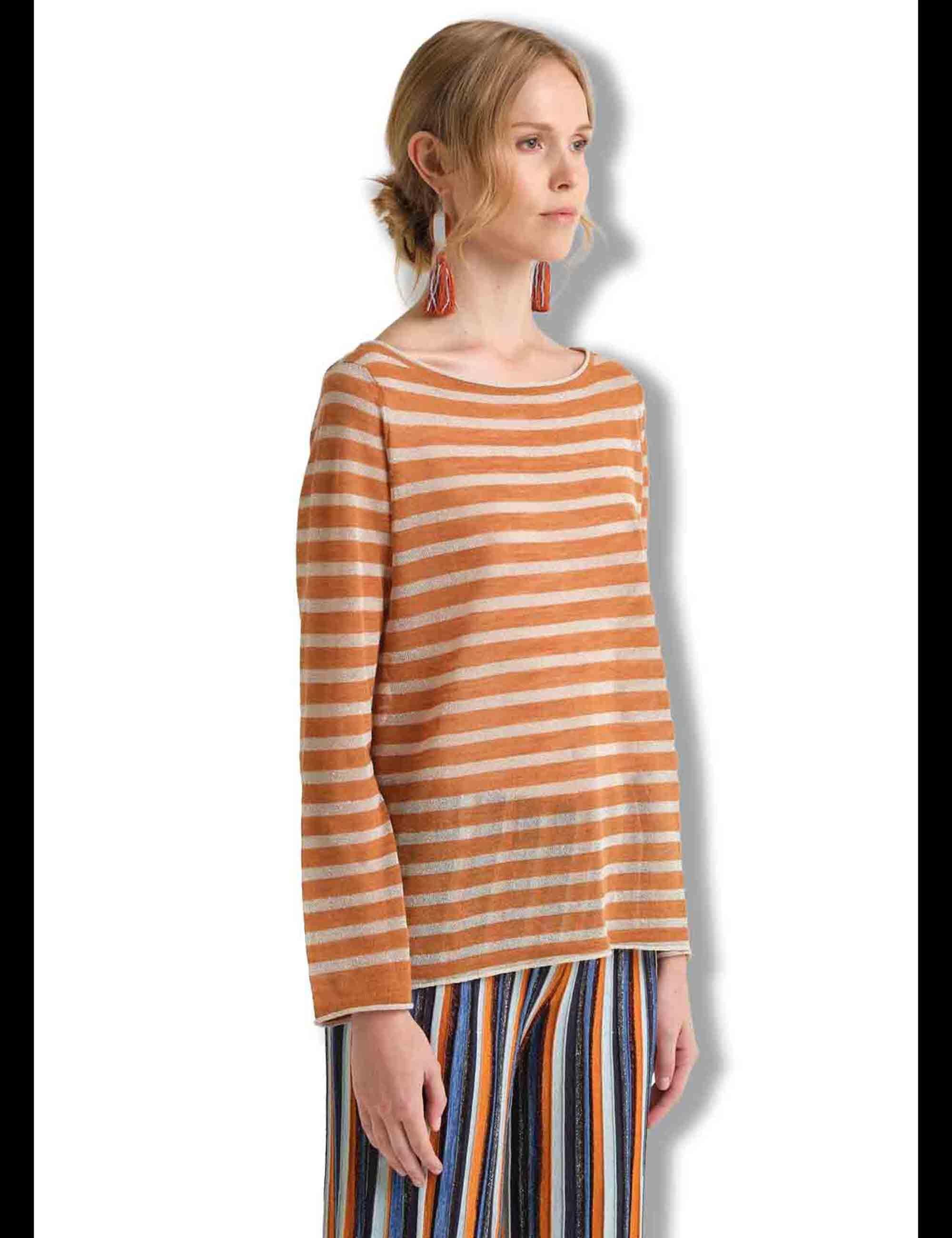 Maglie donna Summer Linen in misto lino cammello e beige a strisce JQ509178148 12B11 Maliparmi 