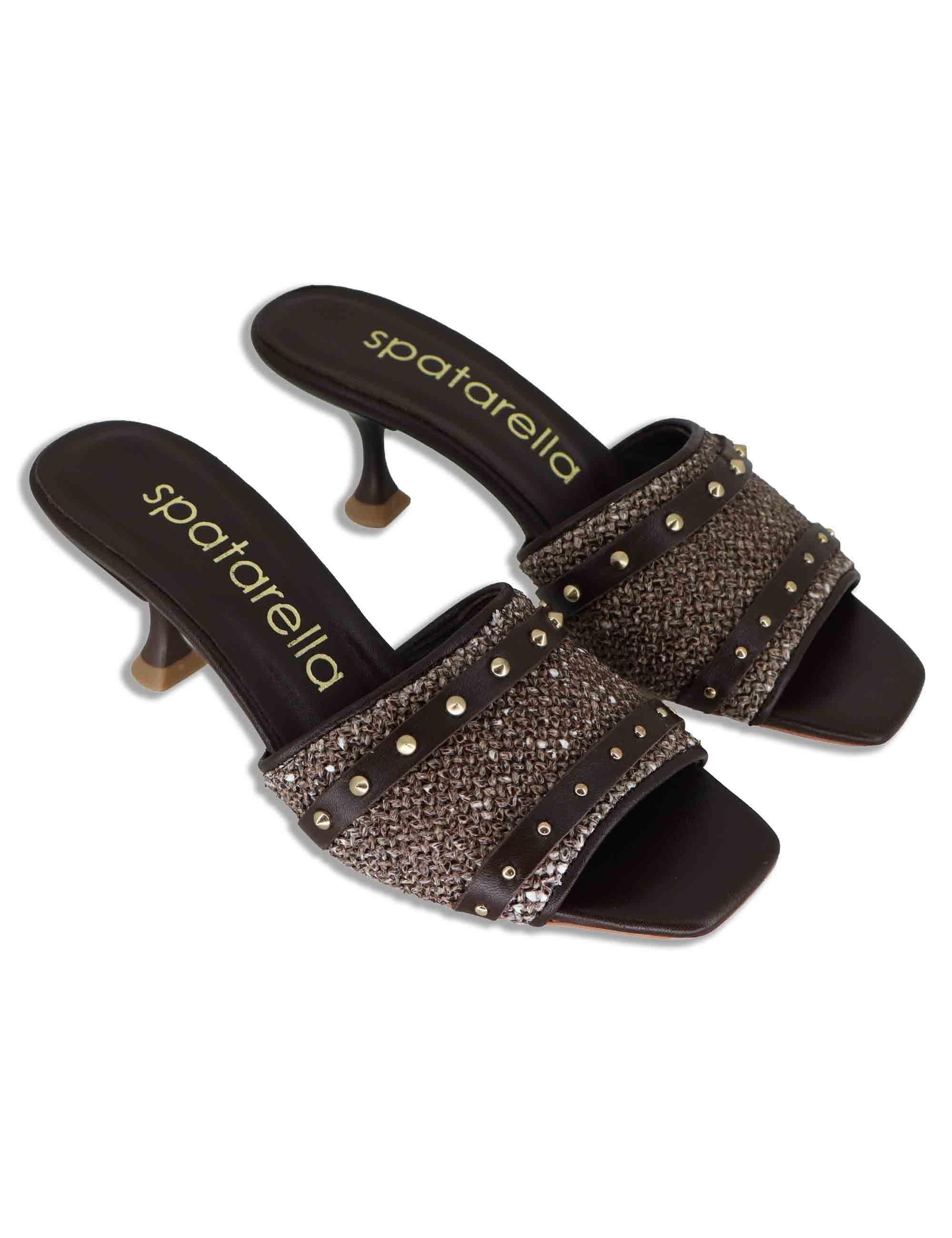 Sandali donna in pelle e rafia testa di moro con borchie oro e tacco alto SP261402 014 Spatarella 