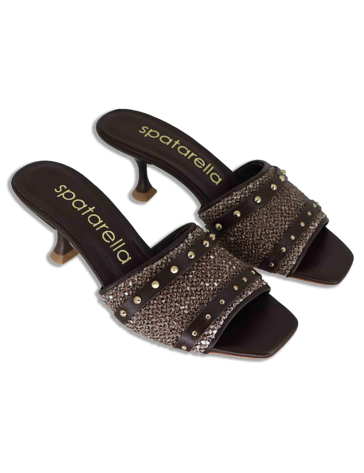 Sandali donna in pelle e rafia testa di moro con borchie oro e tacco alto SP261402 014 Spatarella 