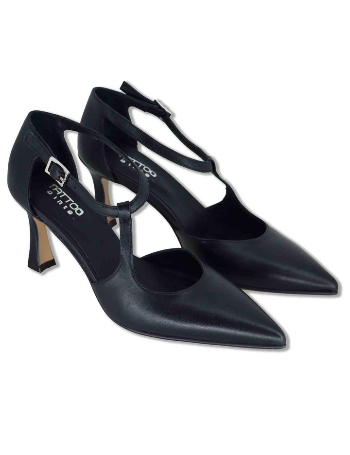 Decollete donna Mary Jane in pelle nera con cinturino obliquo tacco alto A102 001 Tattoo 