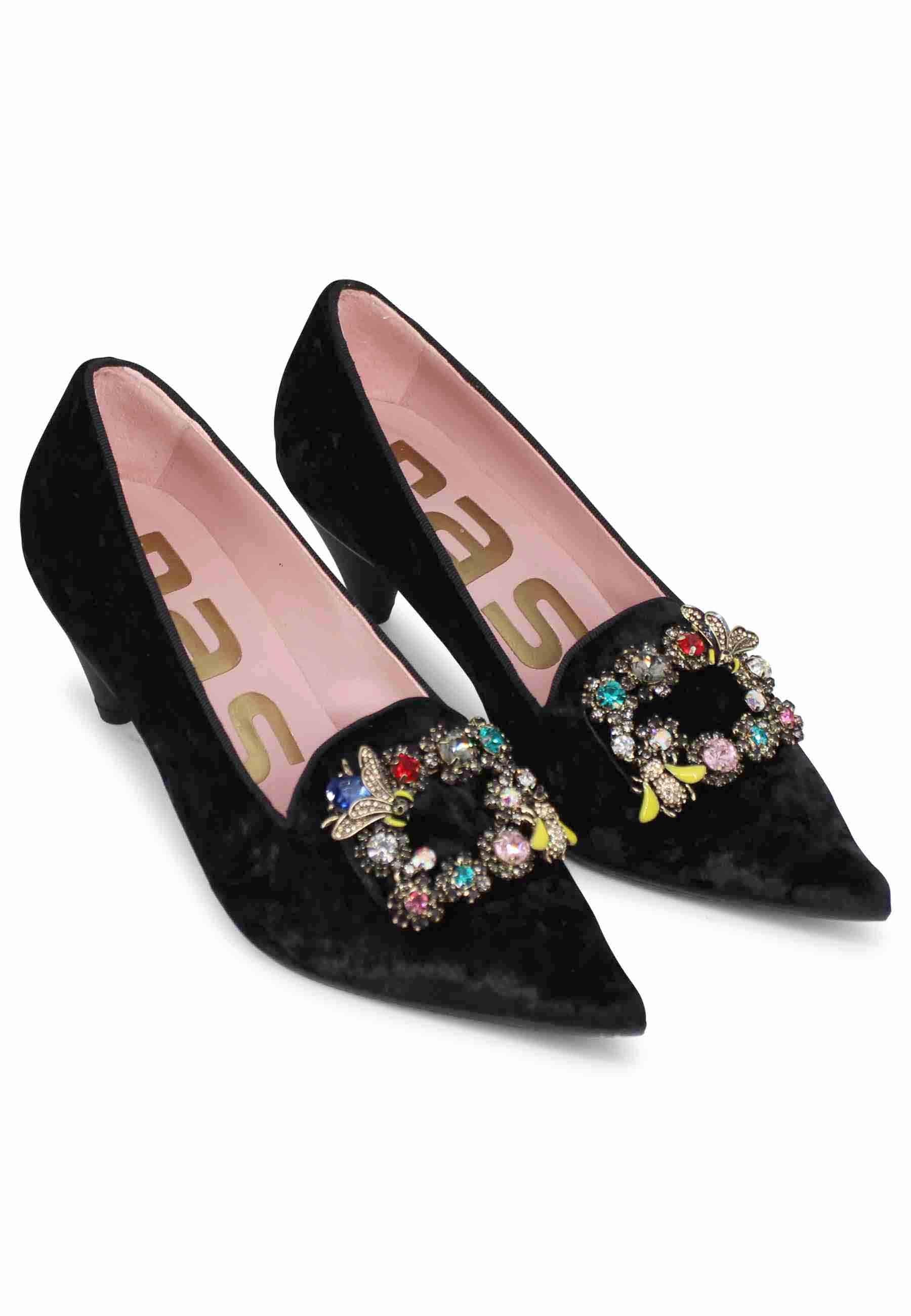 Decollete donna a in velluto nero con fibbia gioiello 7325 001 Ras 
