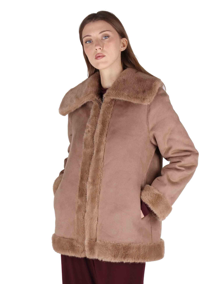 Giacche reversibili donna in eco fur marrone con zip SP25310 BROWN Spatarella 