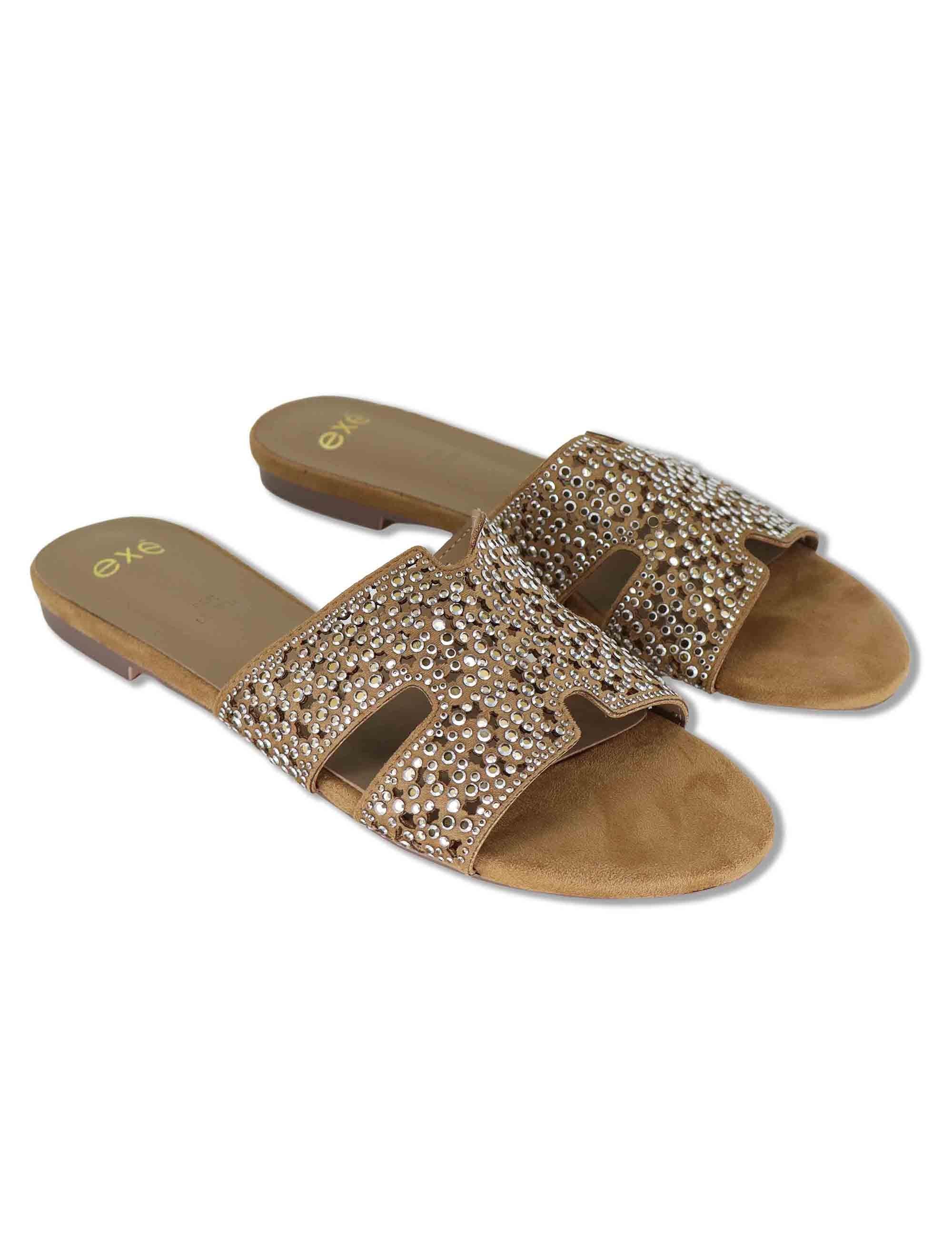 Sandali scalzati donna in tessuto beige con borchie oro 2133-2532 232 Exe 