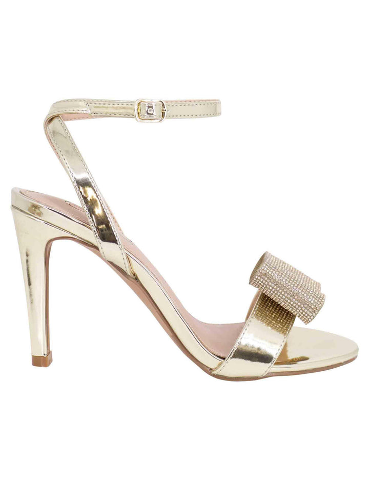 Sandali donna in eco pelle laminata oro con tacco alto e strass S4700803525H 380 Exe 