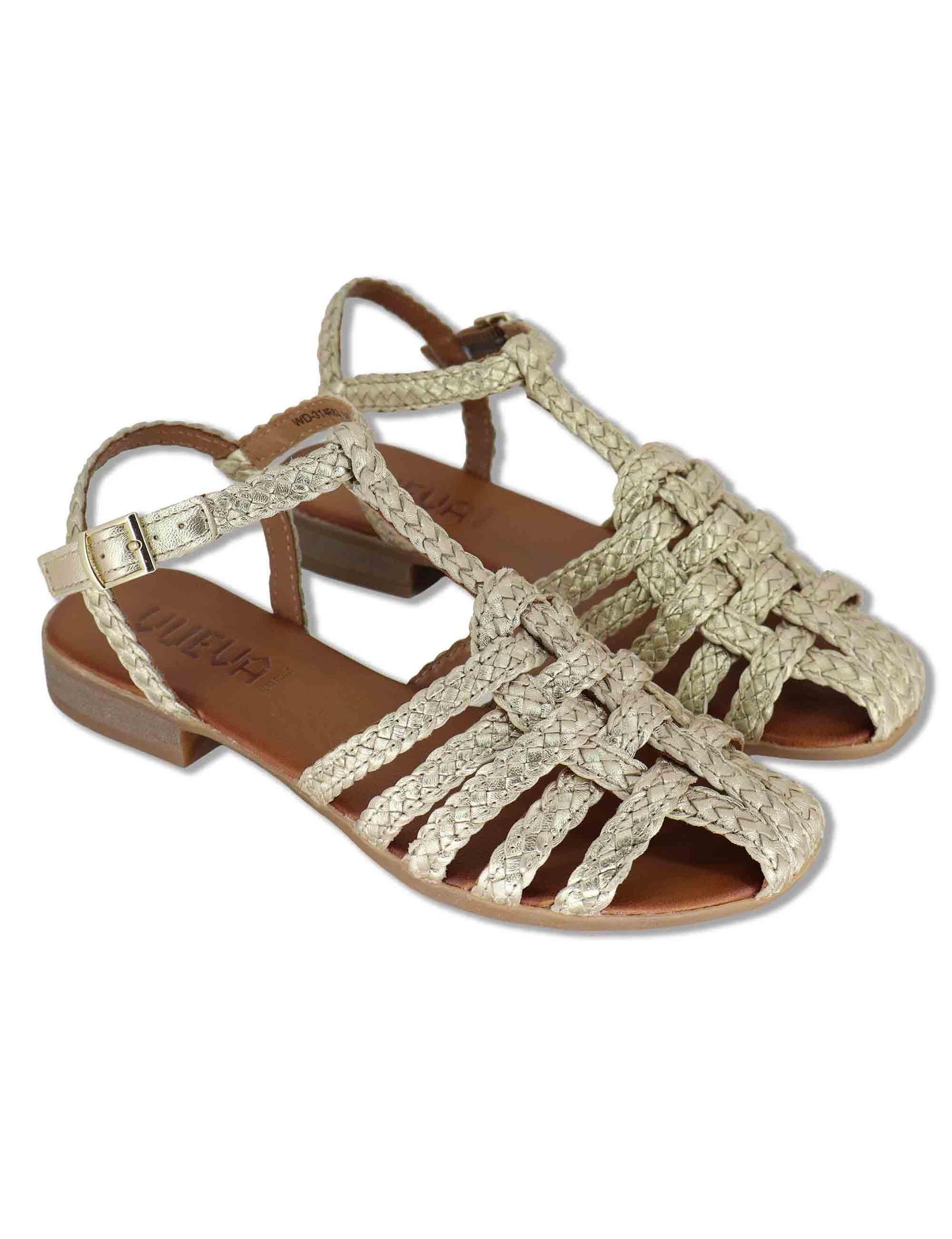 Sandali bassi donna in pelle intrecciata oro con cinturino alla caviglia WD314R63 500134 Vueva 
