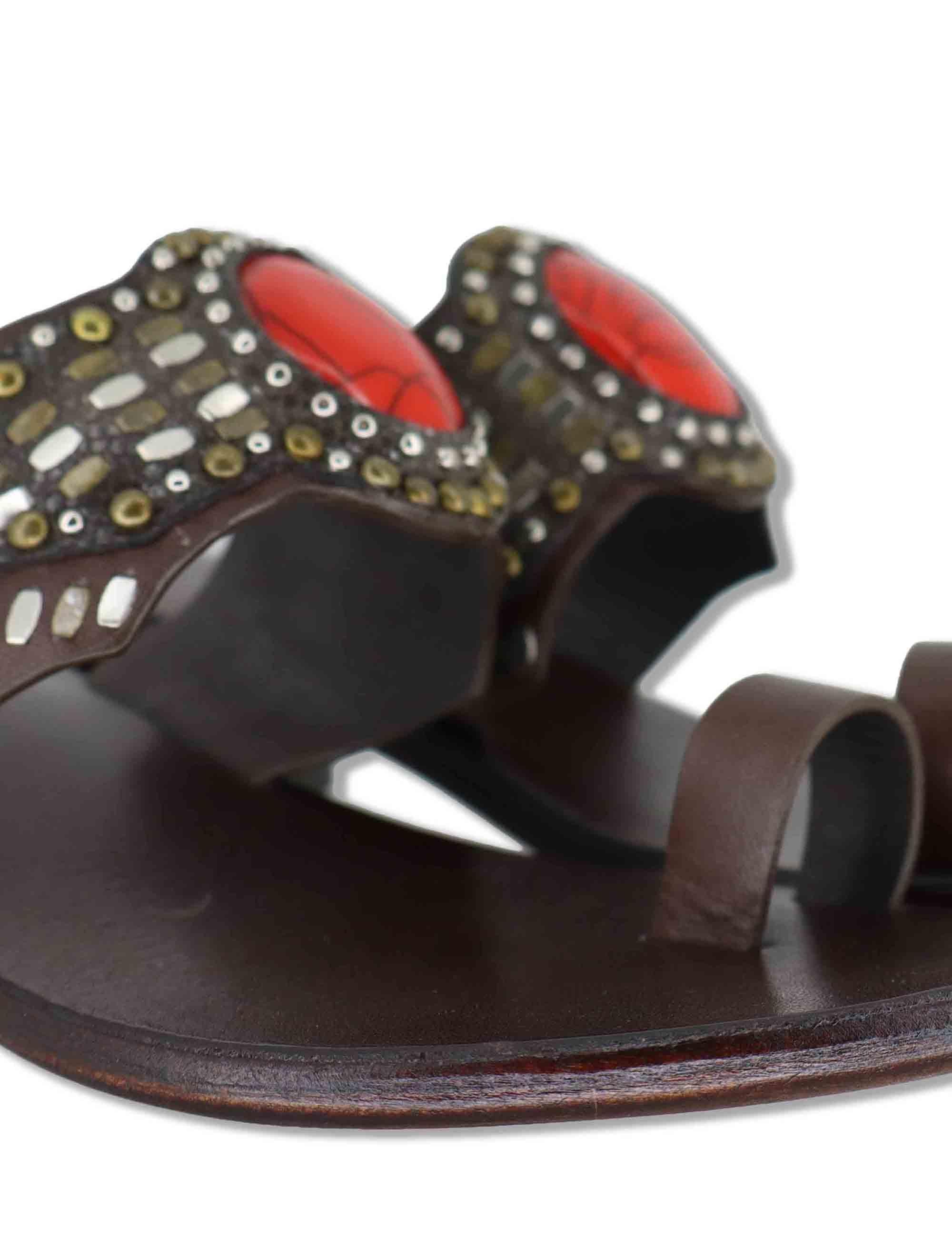 Sandali donna infradito in camoscio marrone con pietre e tacco medio in cuoio Teak 979Z88KW 40-ROJO Bibi Lou 