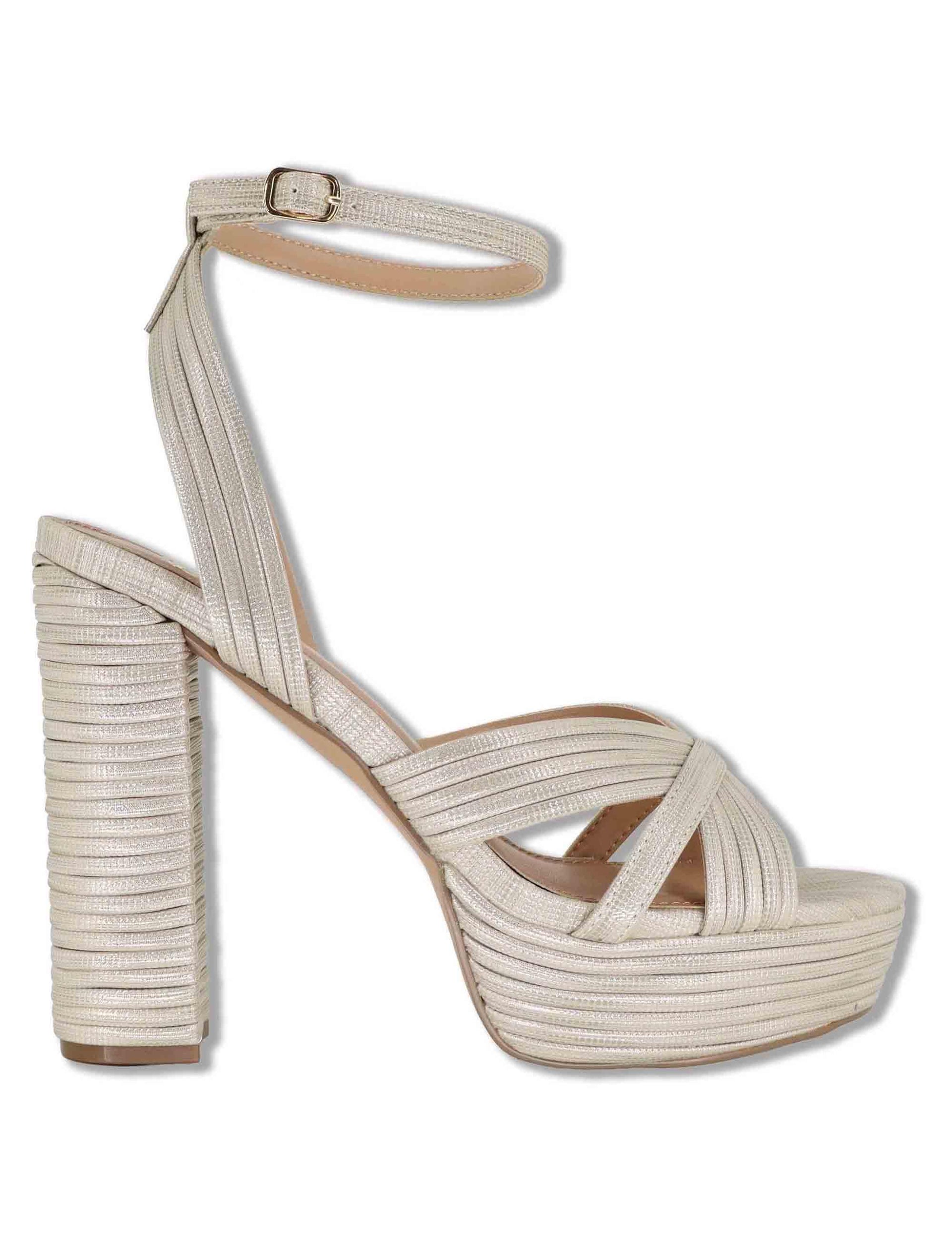 Sandali donna in rafia laminata beige con tacco alto plateau e cinturino W4700832 673Z Exe 