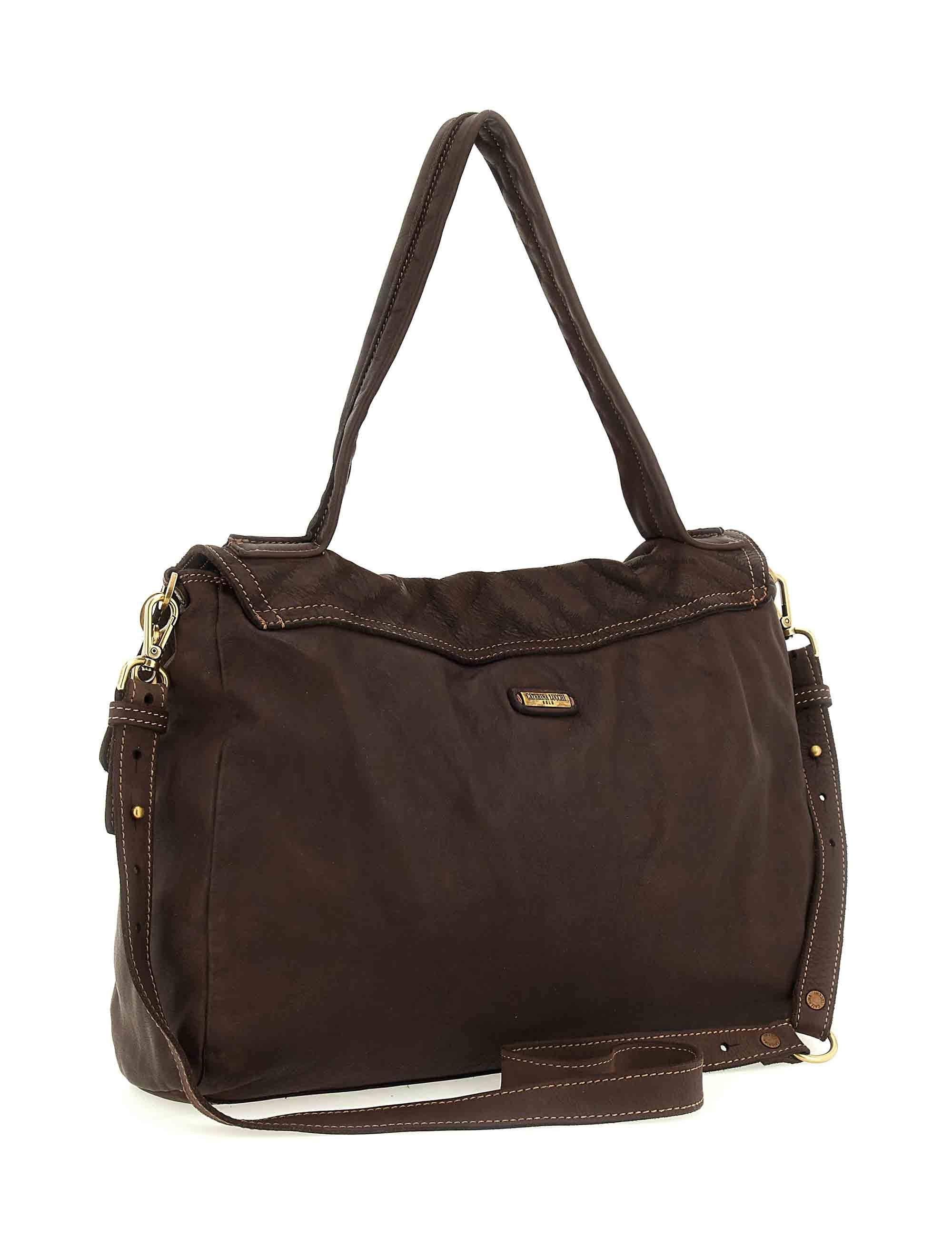 Borsa grande da donna a spalla Maria in pelle marrone laserata tinta in capo L012740ND X2913 C1501 Caterina Lucchi 