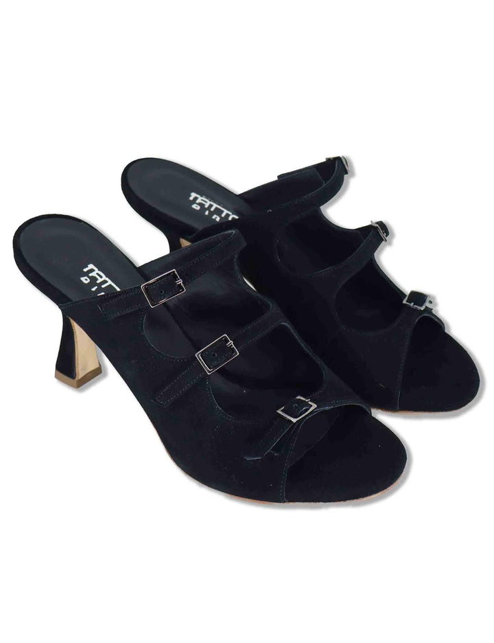 Sandali donna in camoscio nero con fibbiette e tacco alto 1050 001 Tattoo 