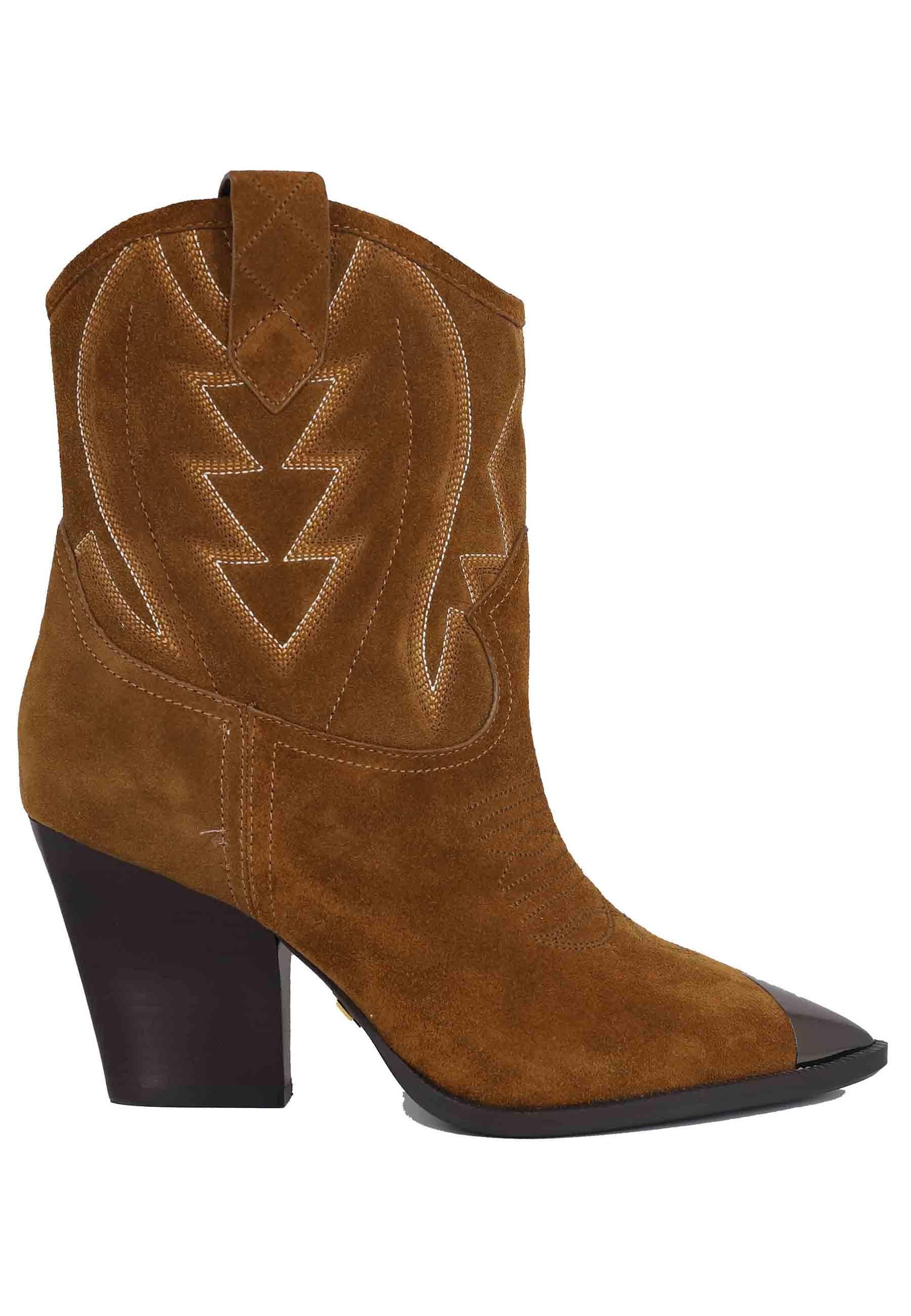 Stivaletti texani donna in camoscio cuoio con cuciture in contrasto e puntale in acciaio Gambels 293T60BK 014 Lola Cruz 