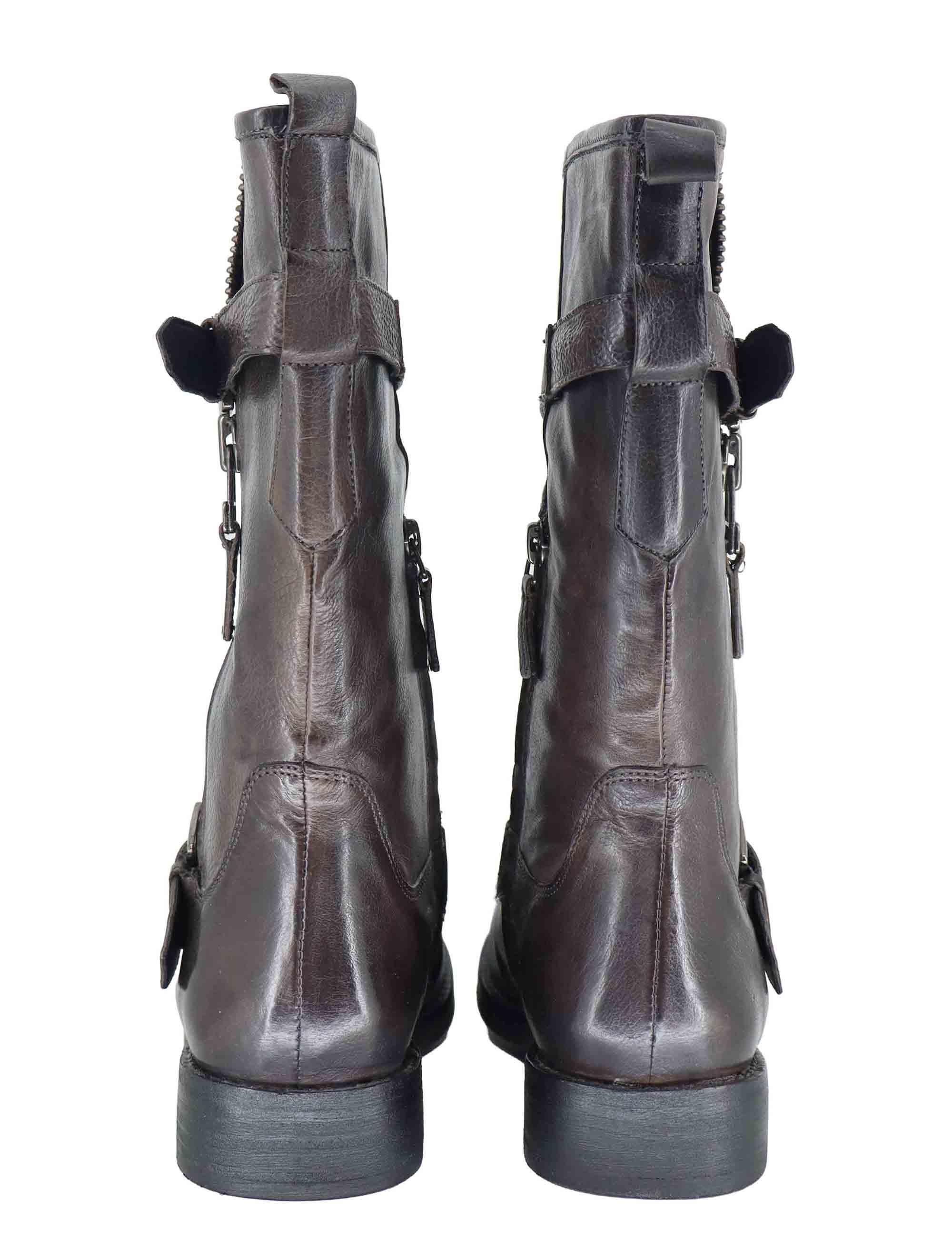 Stivaletti donna in pelle marrone con tacco basso e cinturini 252-22-23 DKGRE Zolfo 