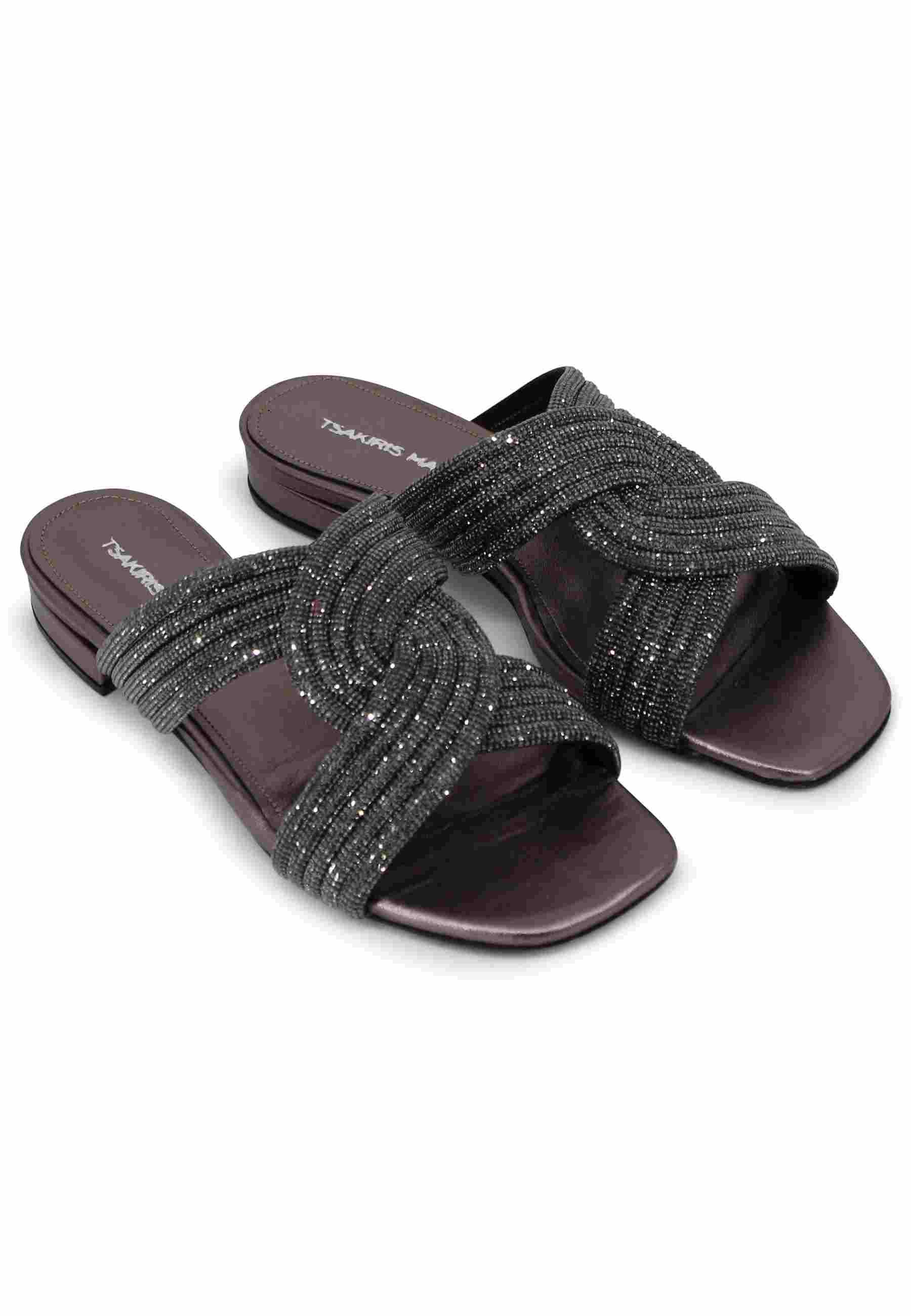 Sandali bassi donna in tessuto nero laminato TS605 001 Tsakiris Mallas 